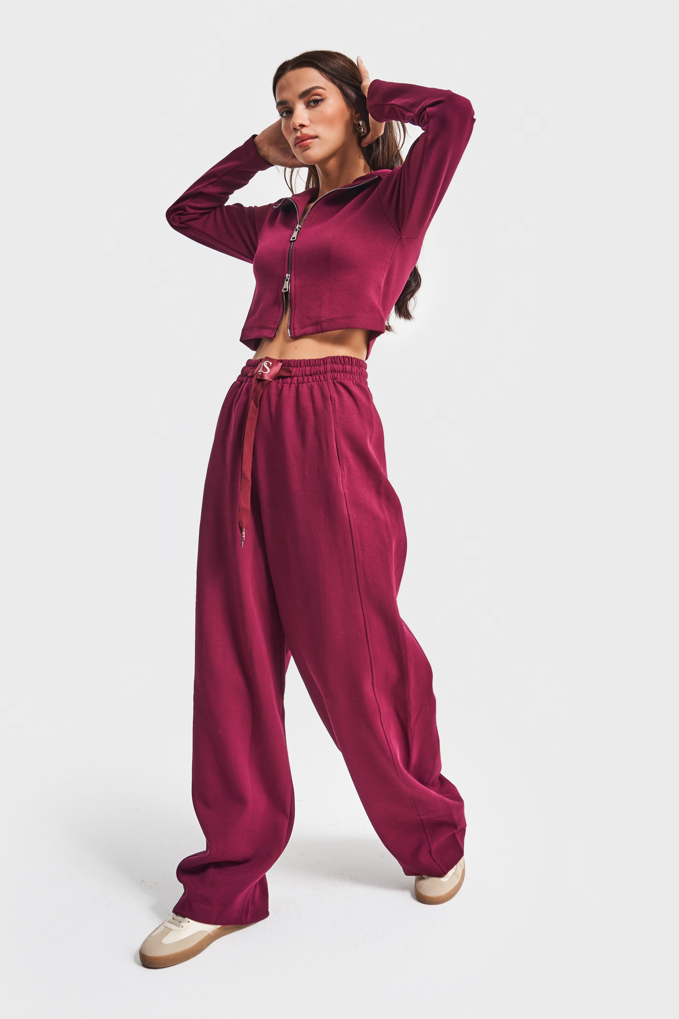 Kadın Bordo Renk w5-35 Örme Kumaş Eşofman ve Fermuarlı Sweatshirt Alt Üst 2'li Kombin Takım