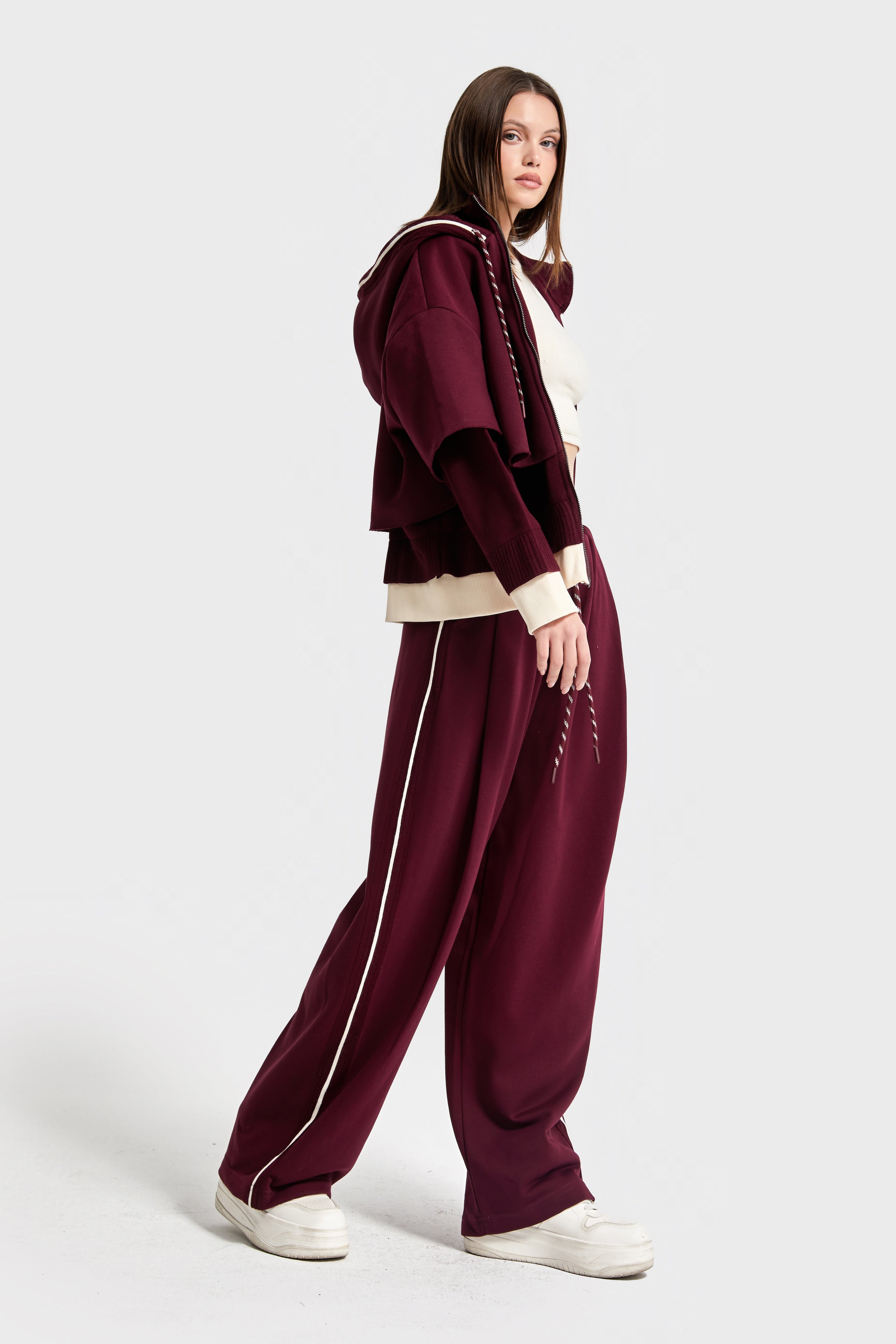 Kadın Bordo Renk w5-35 Örme Kumaş Polar ve Eşofman Alt Üst 2'li Tasarım Takım