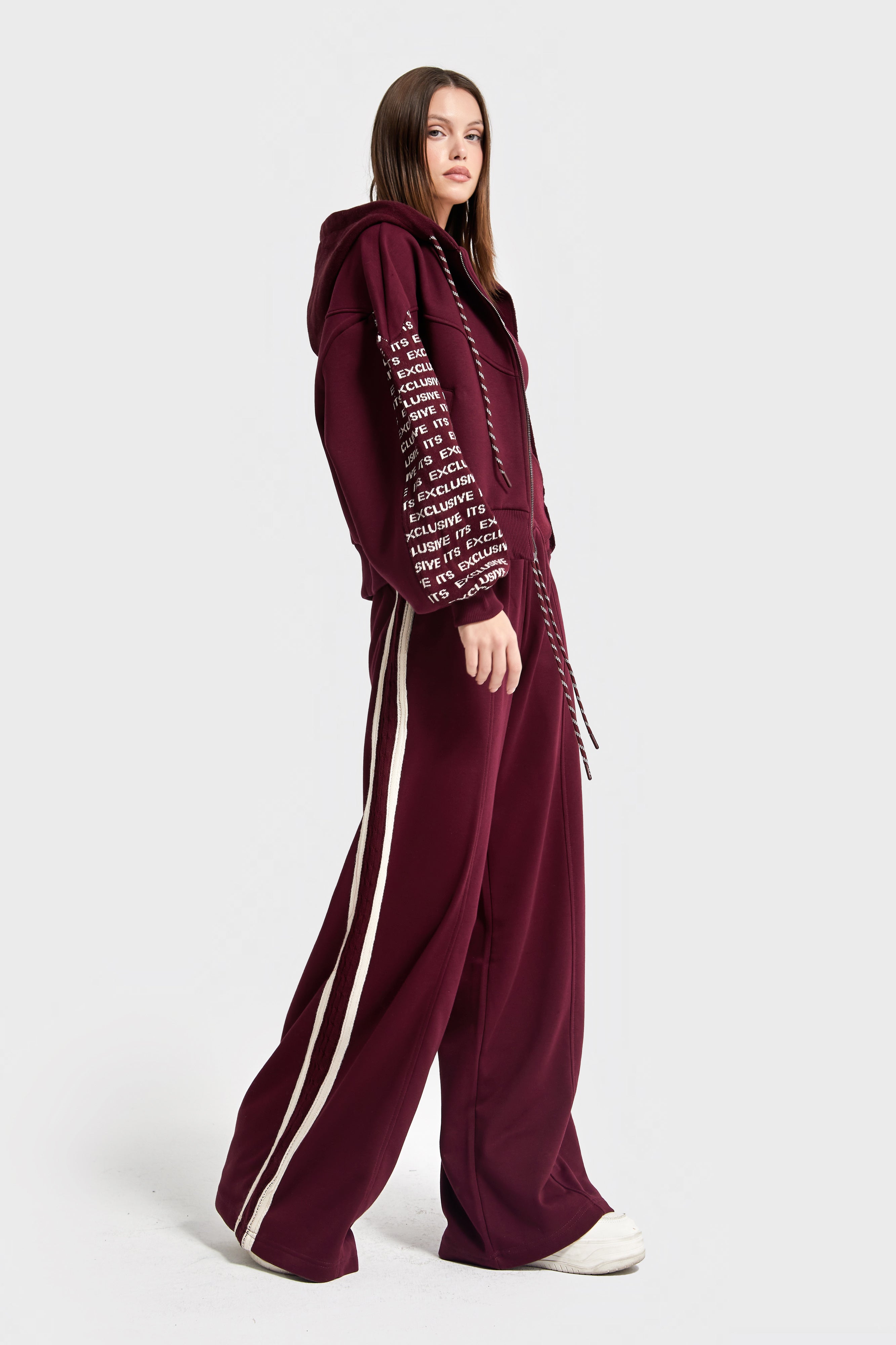Kadın Bordo Renk w5-35 Örme Kumaş Tasarım 3'lü Kombin Takım