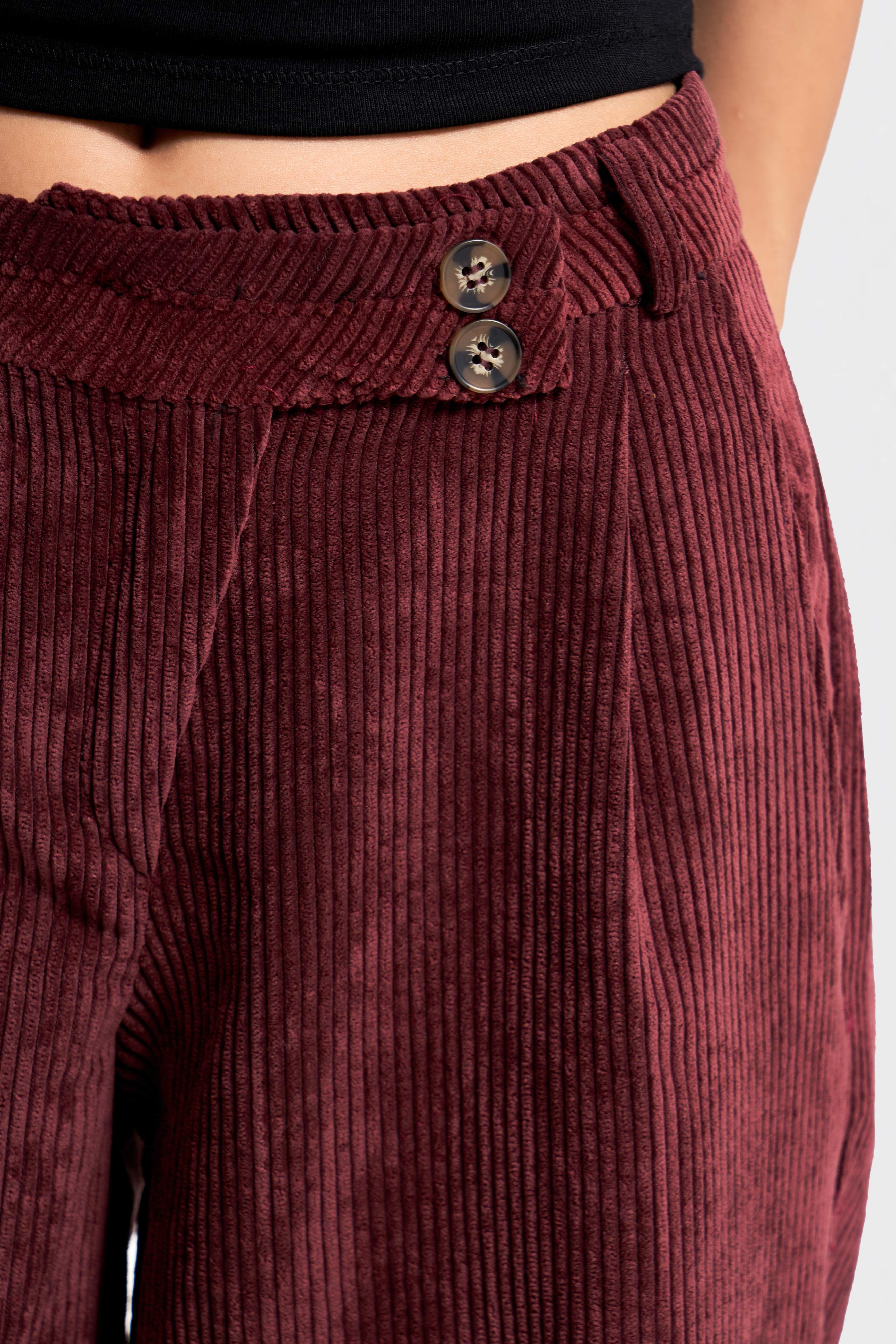 Kadın Bordo Renk w5-35 Palazzo Fit Kemer Detaylı Kalın Fitilli Velvet Kadife Kumaş Pantolon