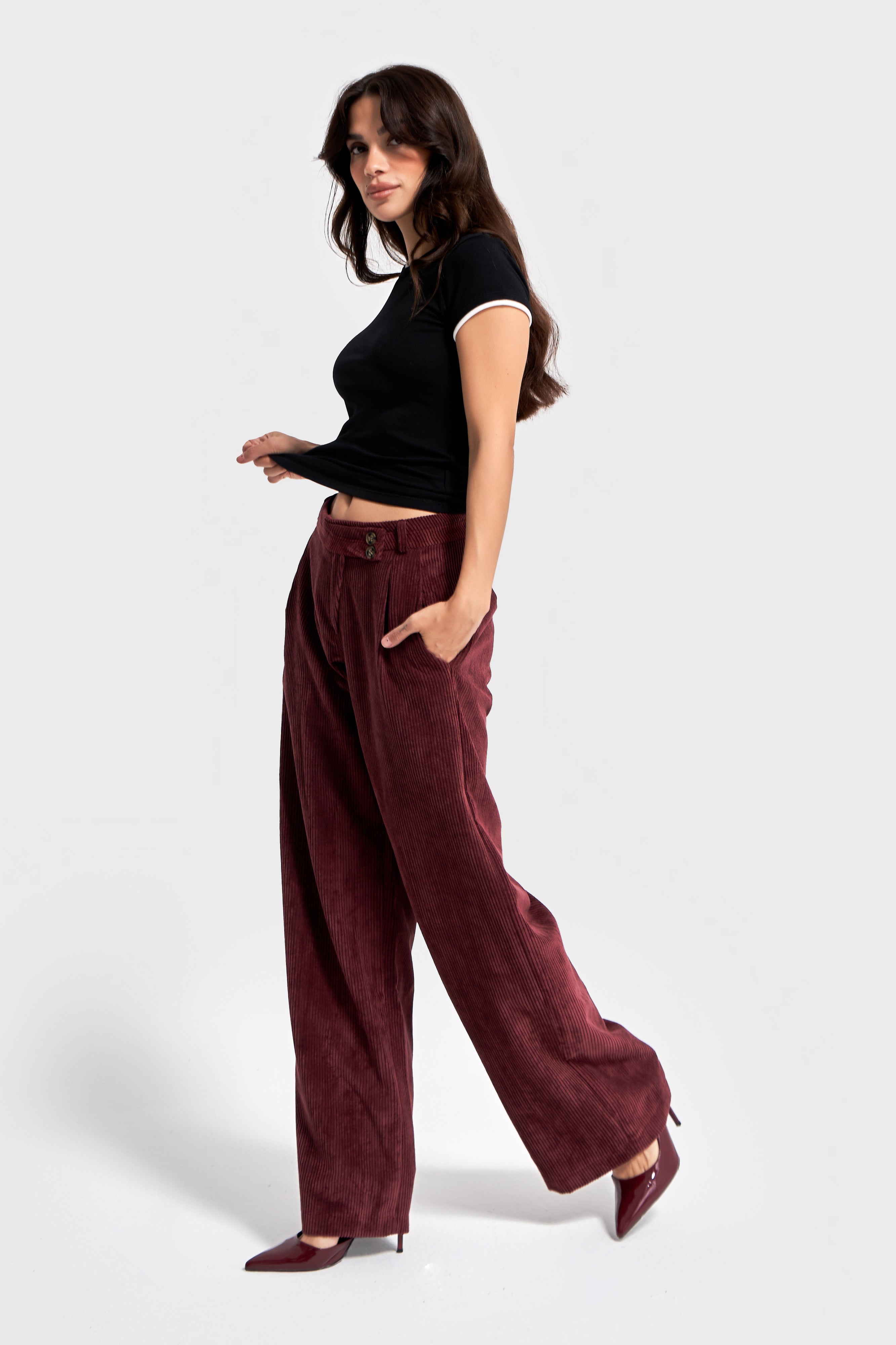 Kadın Bordo Renk w5-35 Palazzo Fit Kemer Detaylı Kalın Fitilli Velvet Kadife Kumaş Pantolon