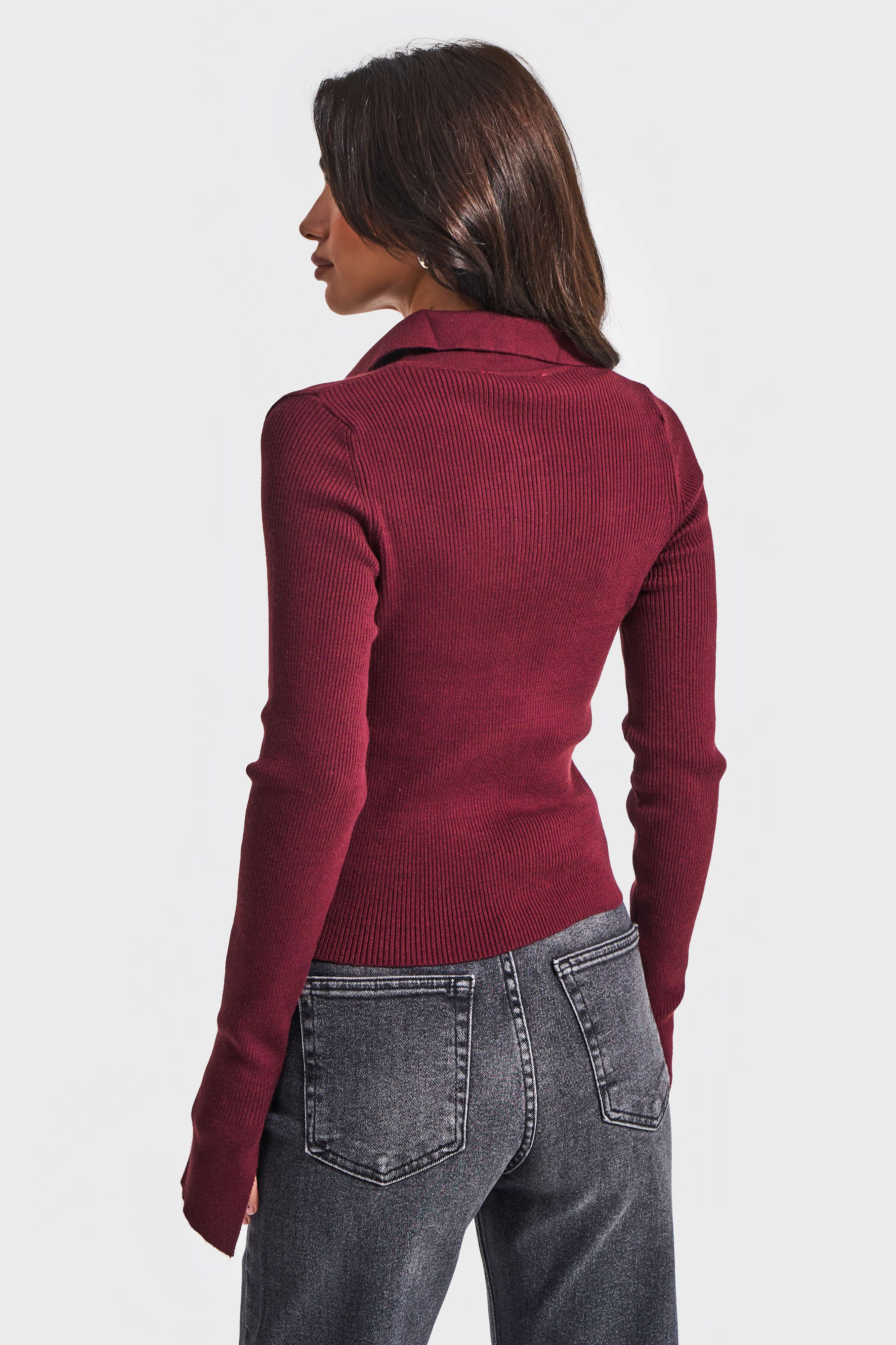 Kadın Bordo Renk w5-35 Polo Yaka Viskon Esnek Kumaş Triko