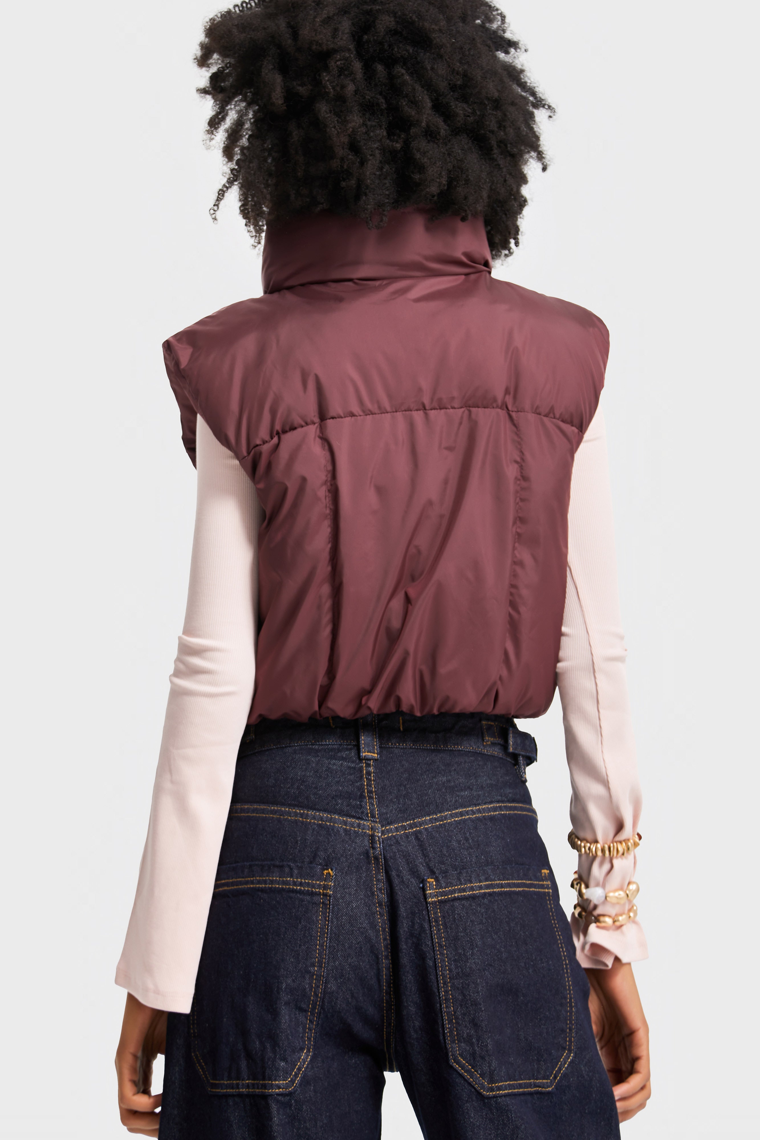 Kadın Bordo Renk w5-35 Şişme İçi Dolgulu Sıfır Kol Yandan Cepli Crop Şişme Yelek