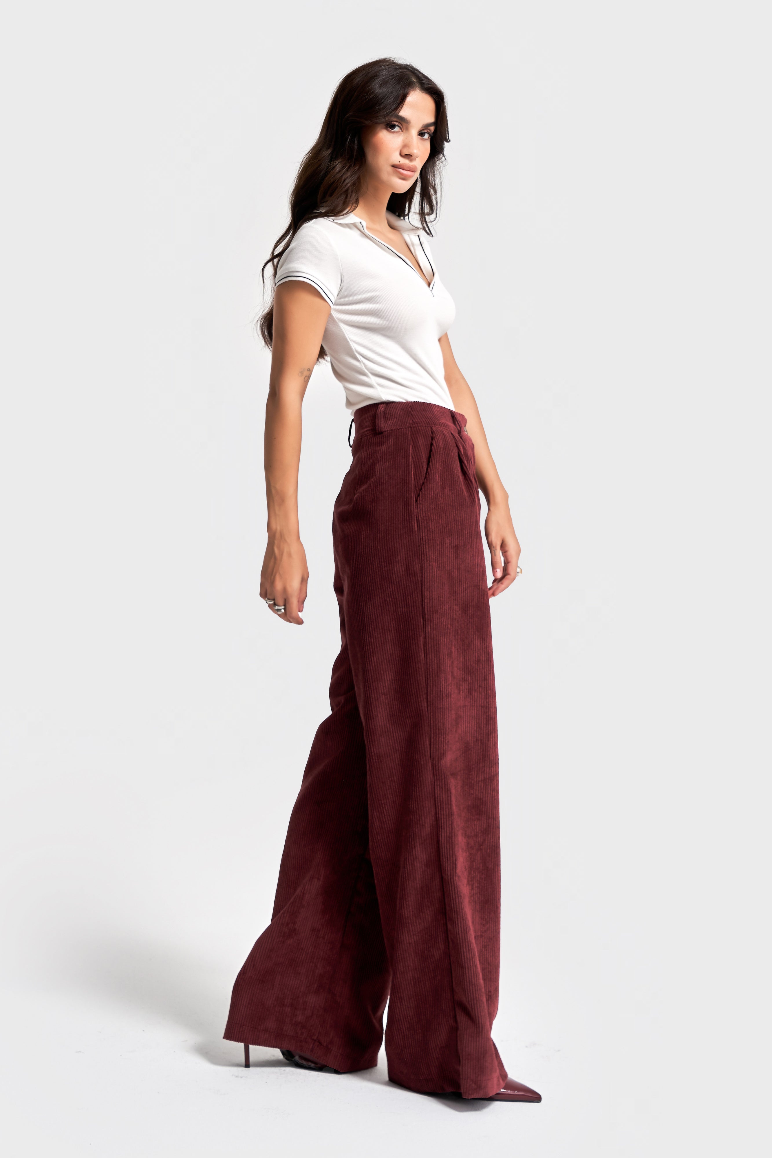 Kadın Bordo Renk w5-35 Süper Palazzo Fit Pileli Kalın Fitilli Velvet Kadife Kumaş Pantolon