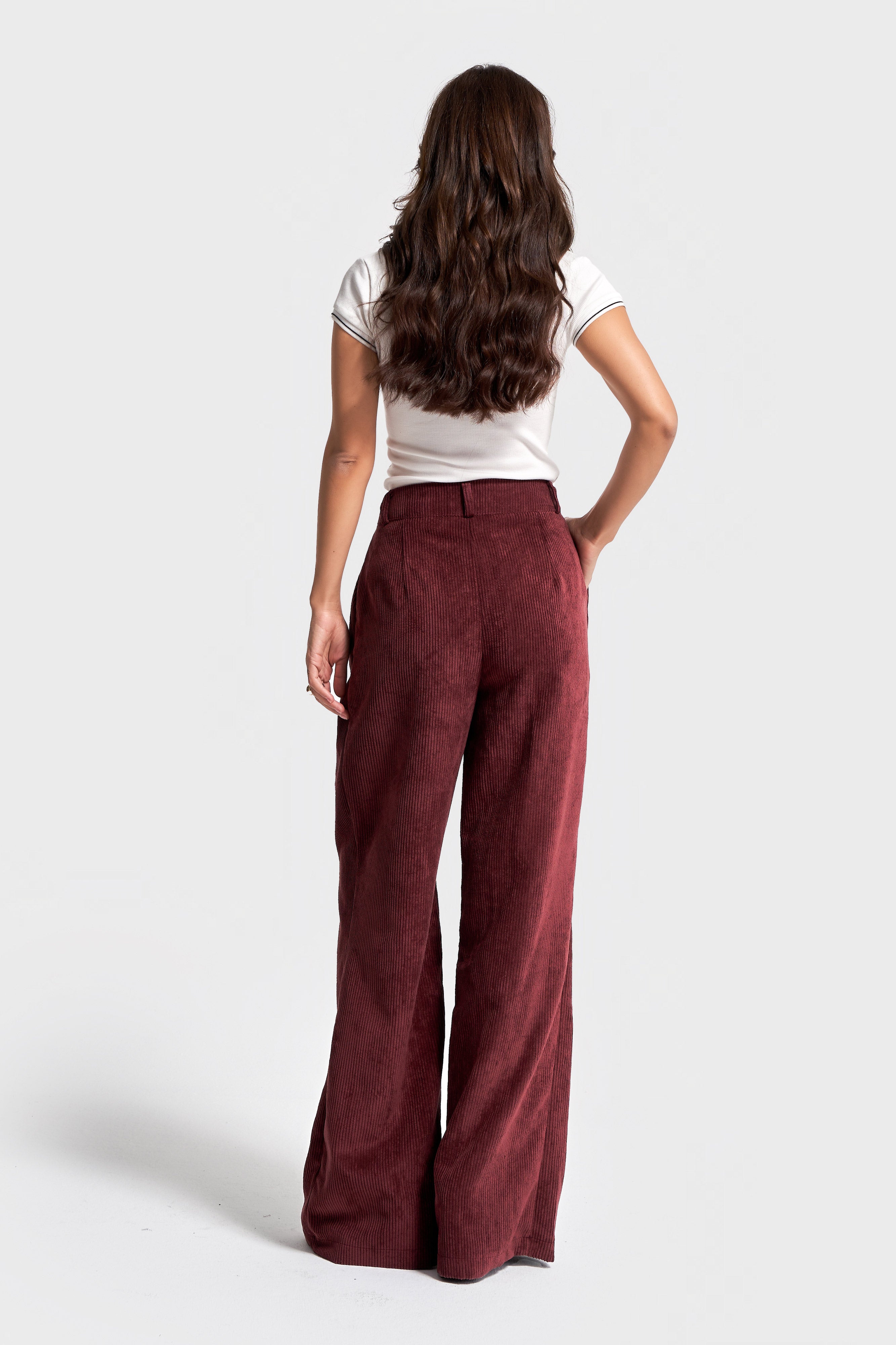 Kadın Bordo Renk w5-35 Süper Palazzo Fit Pileli Kalın Fitilli Velvet Kadife Kumaş Pantolon