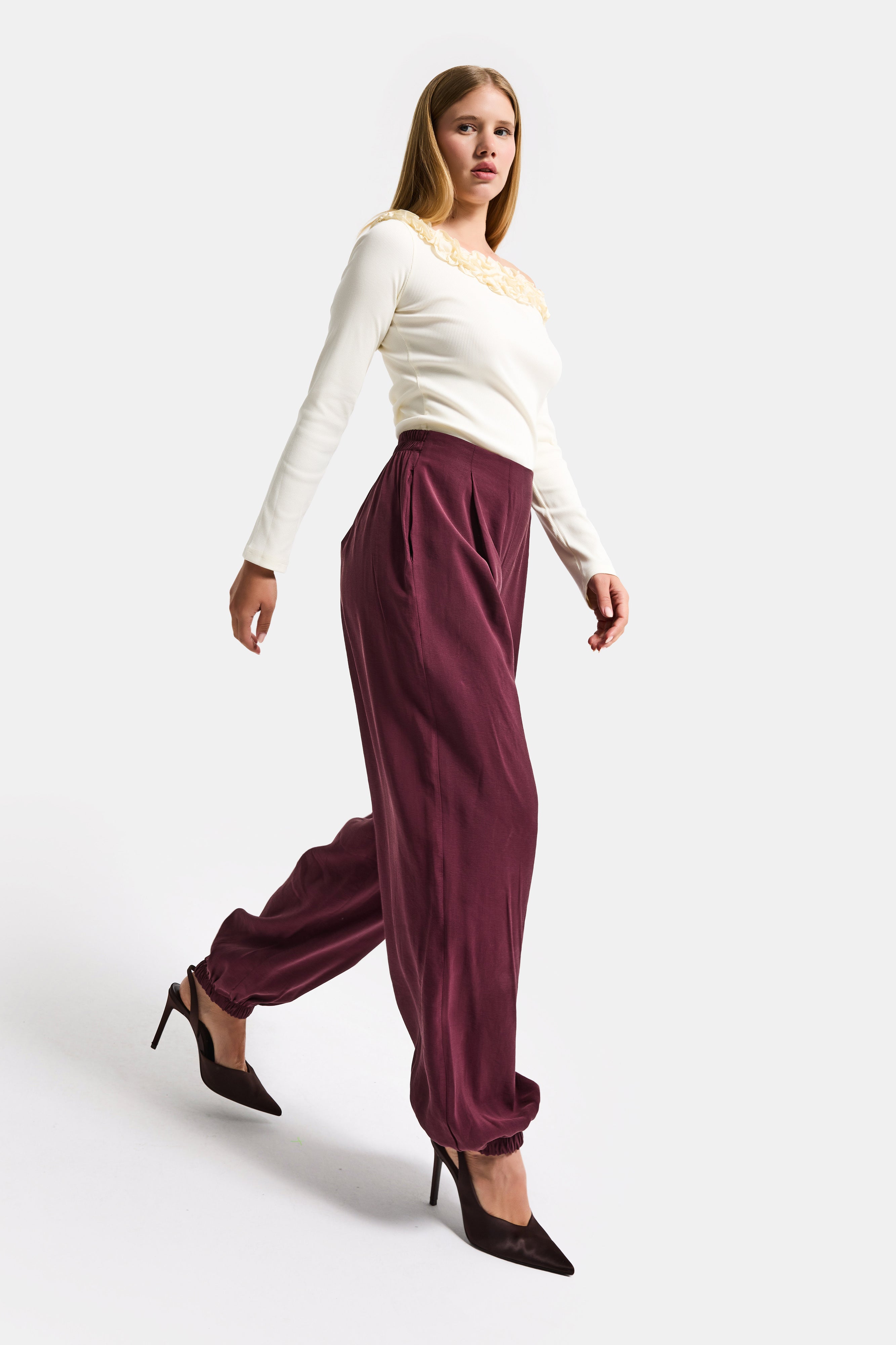 Women's Burgundy s6-35 Baggy Jogger Loose Fit Pants