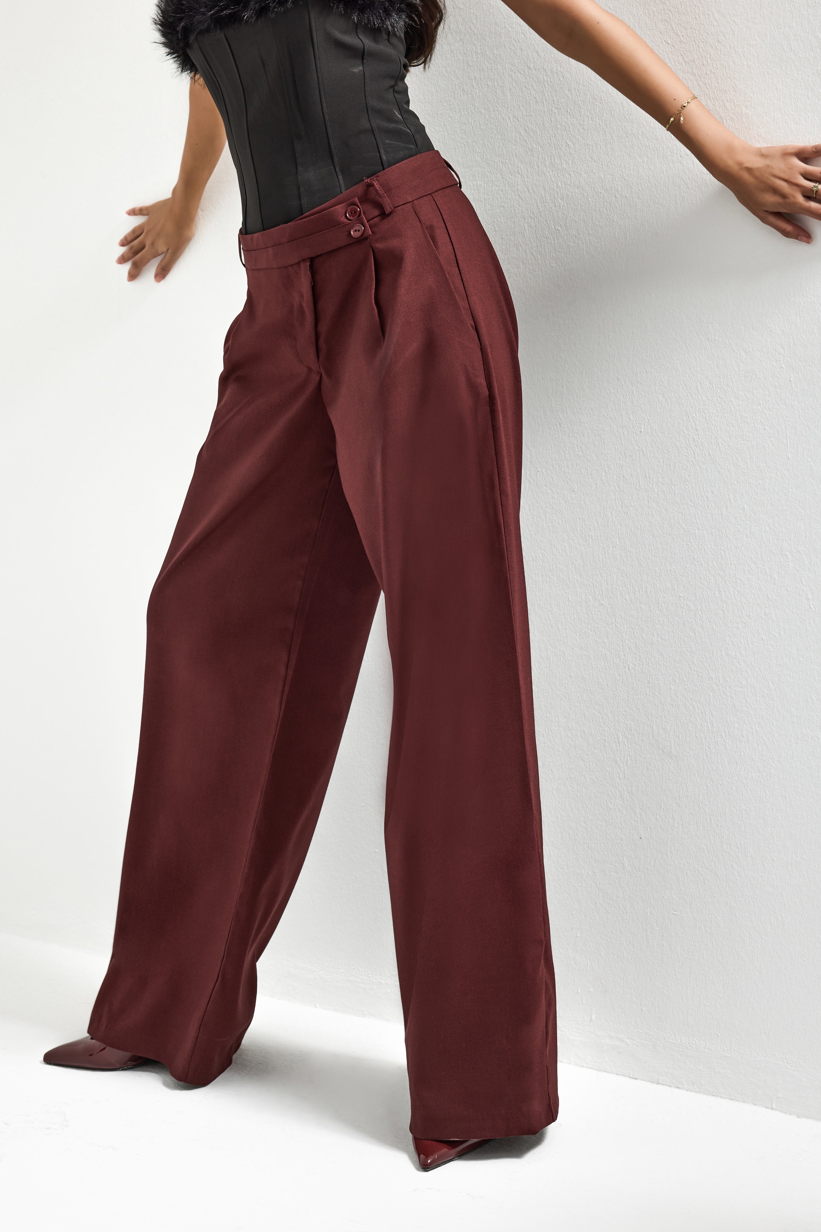 Kadın Bordo s6-35 Neptun Kemer Detaylı Palazzo Fit Pileli Pantolon