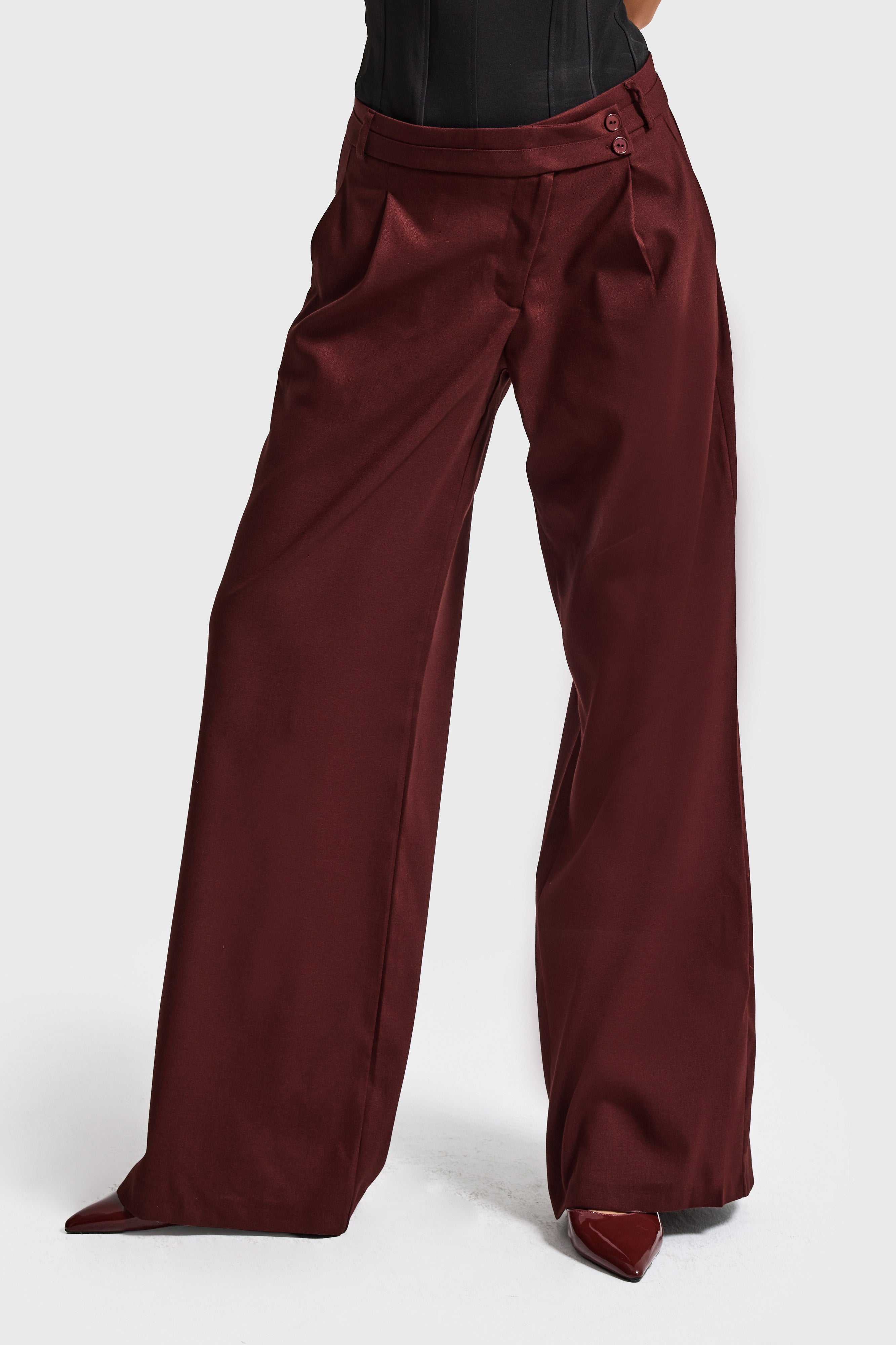 Kadın Bordo s6-35 Neptun Kemer Detaylı Palazzo Fit Pileli Pantolon