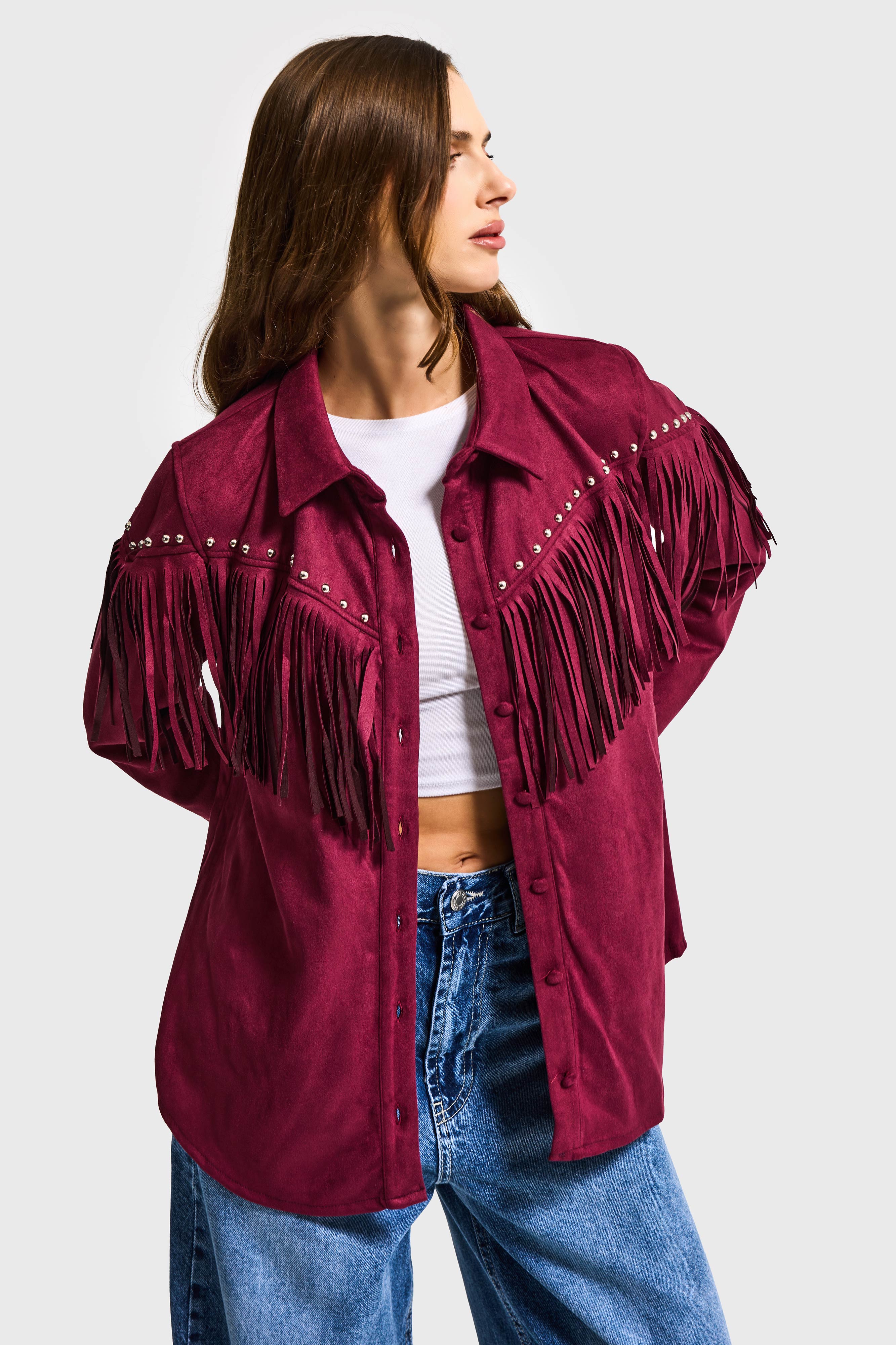 Kadın Bordo Süet Kumaş Püskül ve Drop Detaylı Tasarım Gömlek Ceket