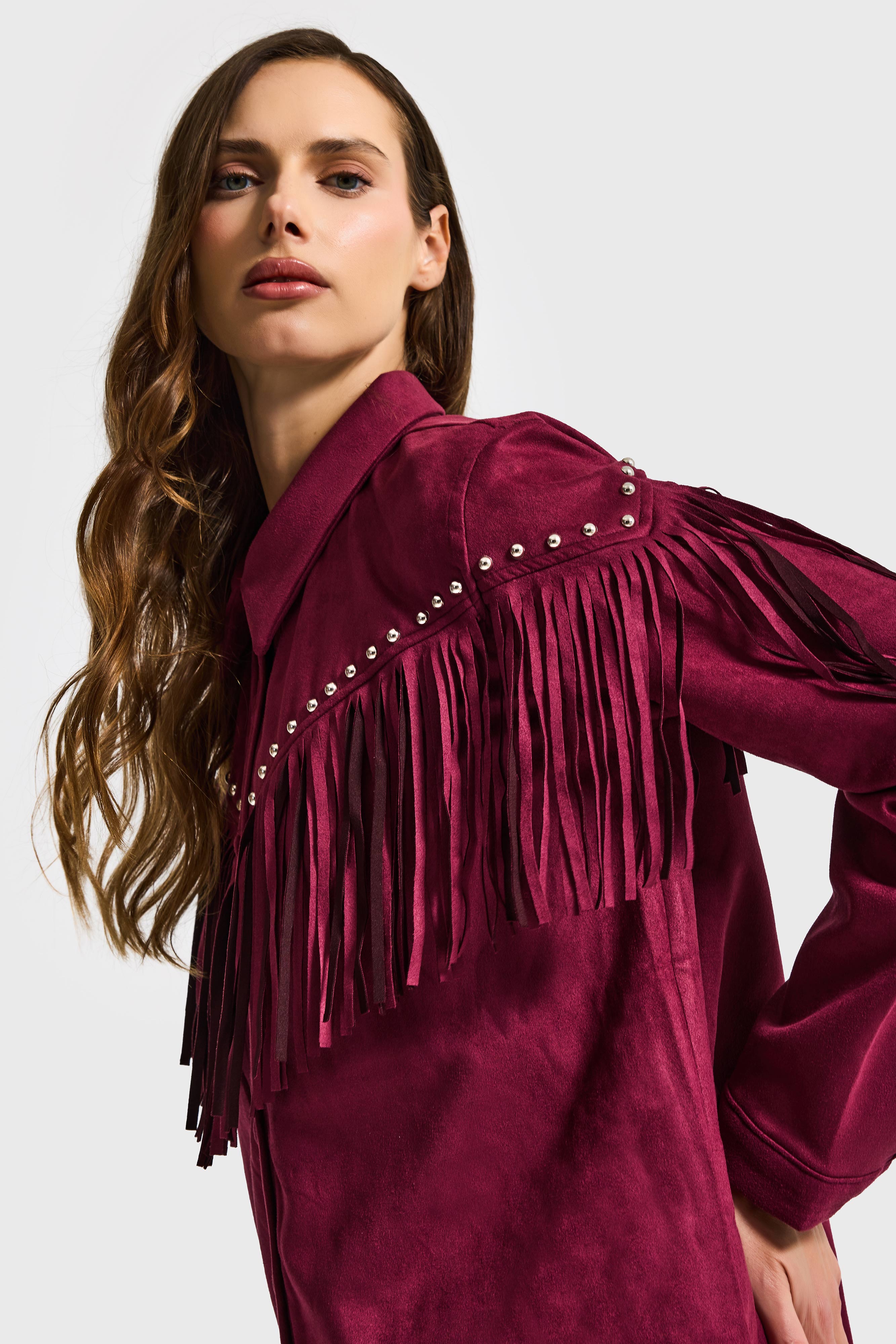 Kadın Bordo Süet Kumaş Püskül ve Drop Detaylı Tasarım Gömlek Ceket