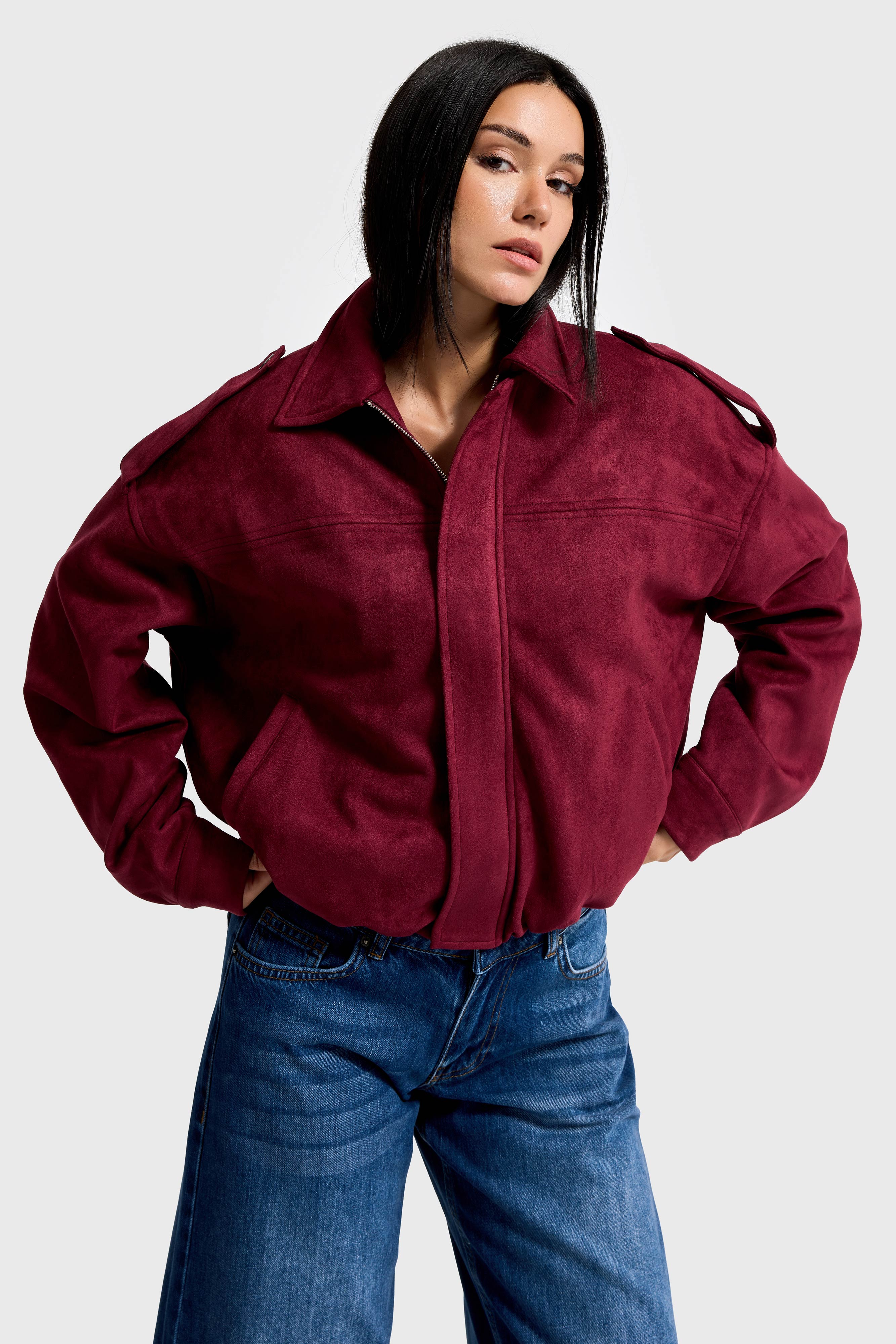 Kadın Bordo w5-35 Bomber Fit Bol Kesim Süet Kumaş Ceket