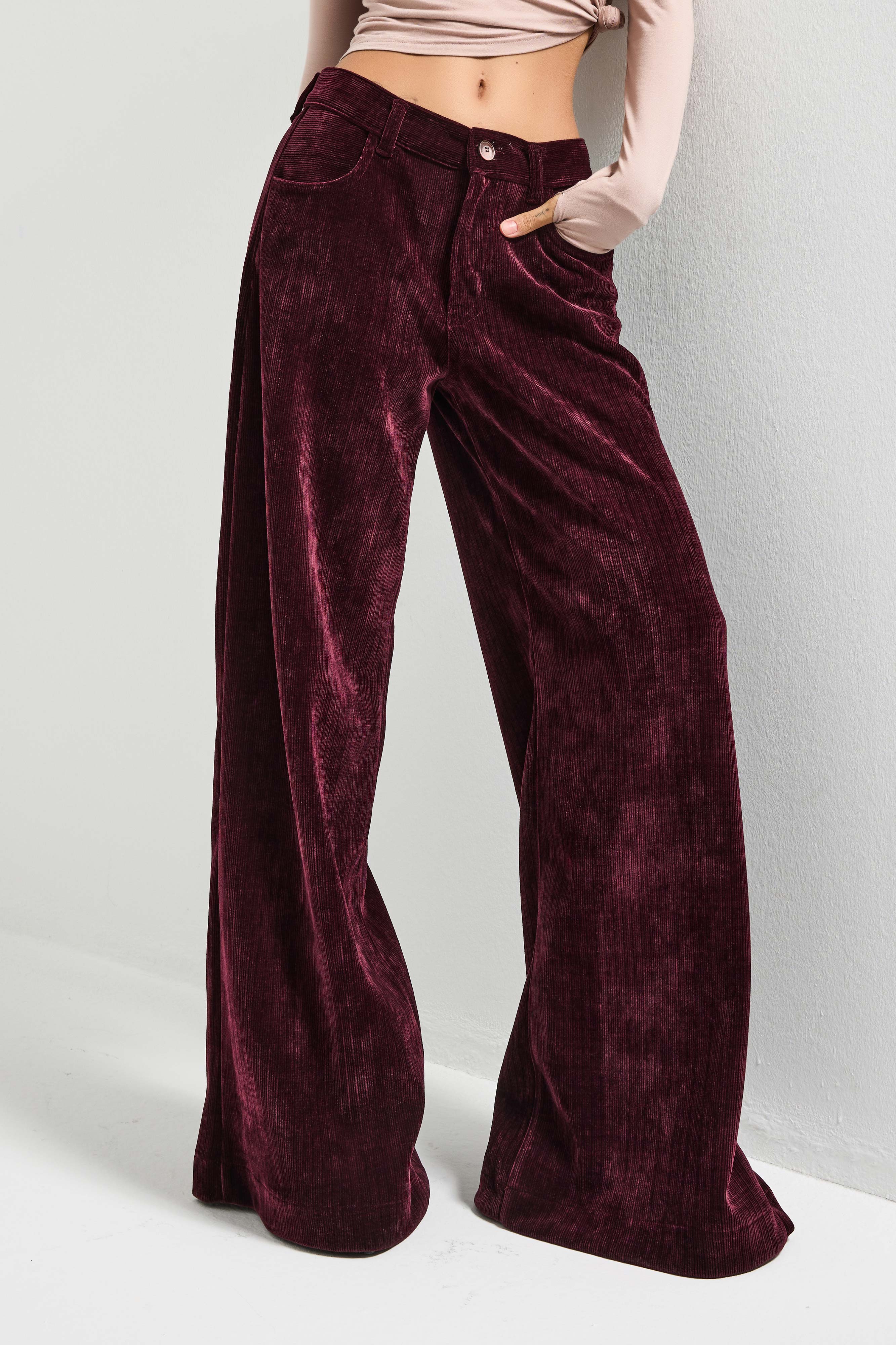 Kadın Bordo w5-35 Palazzo Fit Velvet Kadife Kumaş Pantolon