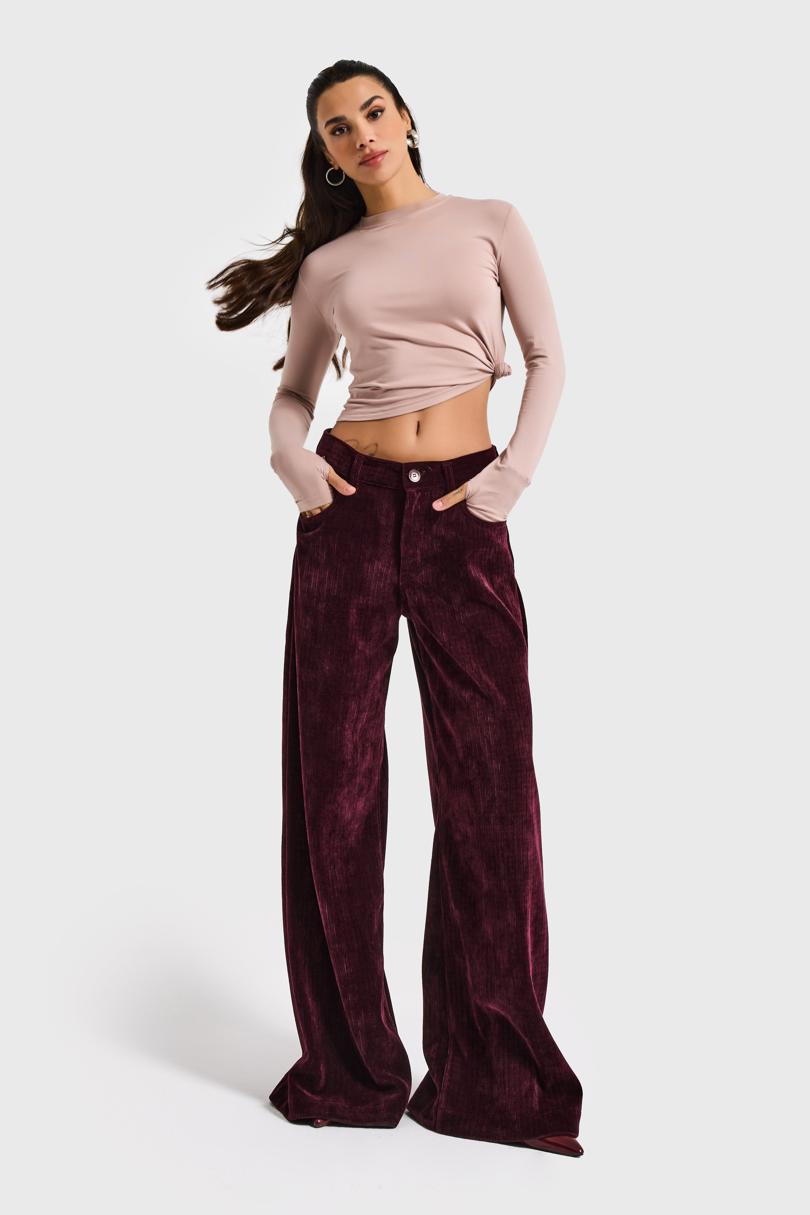 Kadın Bordo w5-35 Palazzo Fit Velvet Kadife Kumaş Pantolon