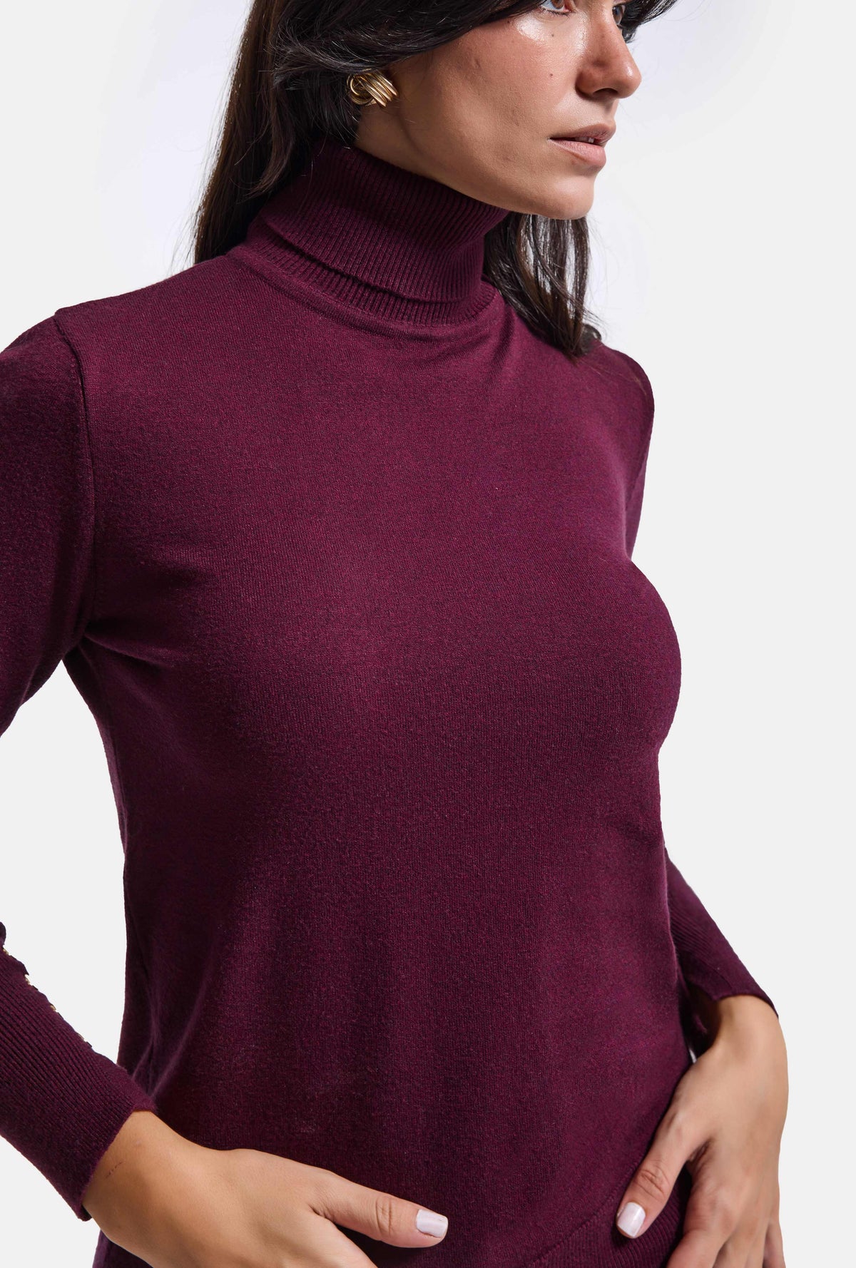 Kadın Bordo w6-35 Boğazlı Aksesuar Detaylı Triko Kazak