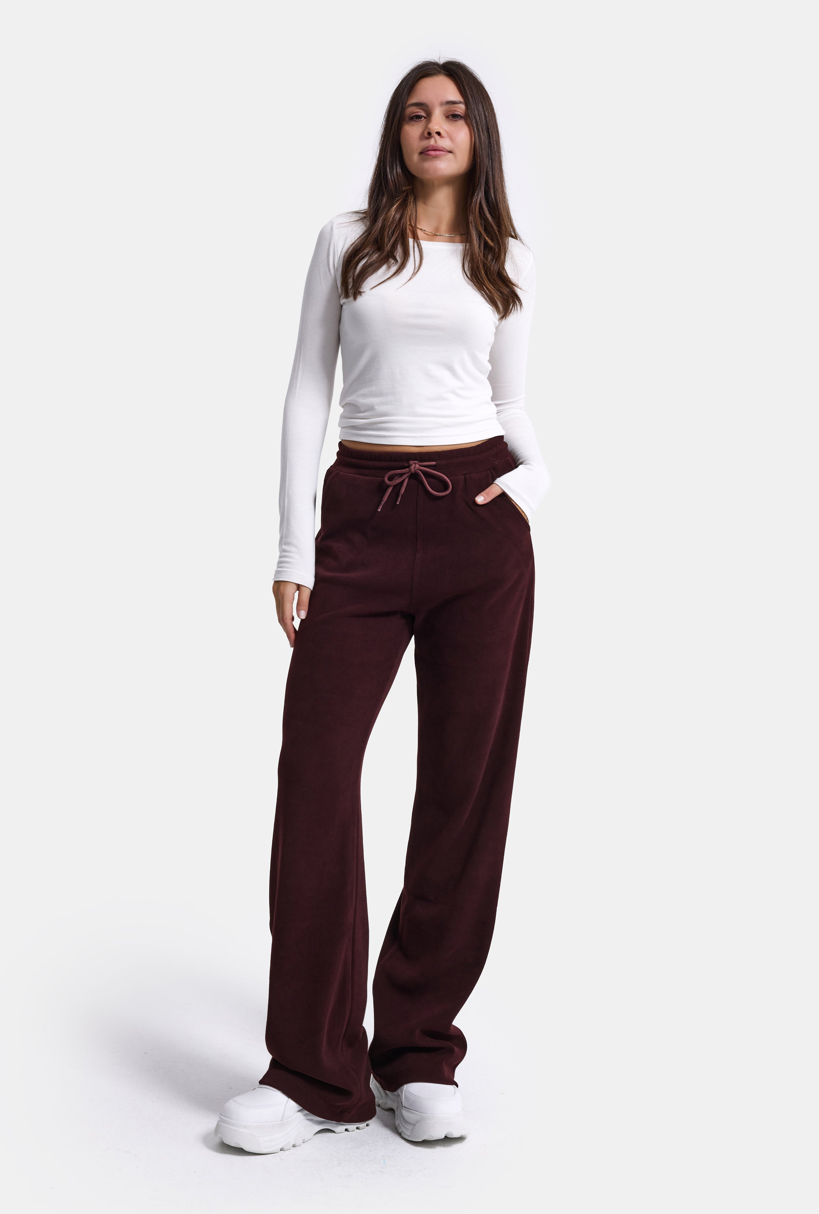 Kadın Bordo w6-35 Flare Fit İnce Fitilli Esnek Velvet Kadife Kumaş Pantolon