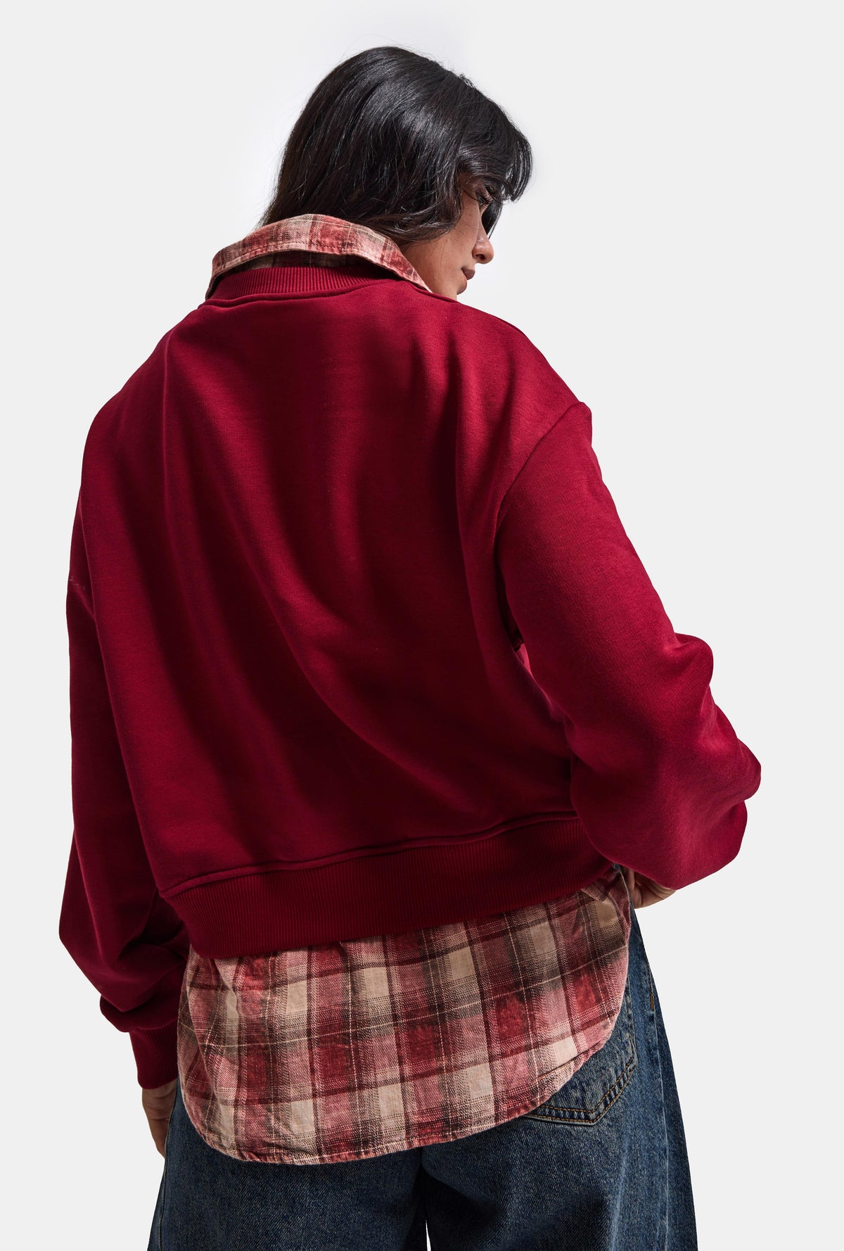 Kadın Bordo w6-35 Oversize Ekose Gömlek Detaylı Tasarım Sweatshirt