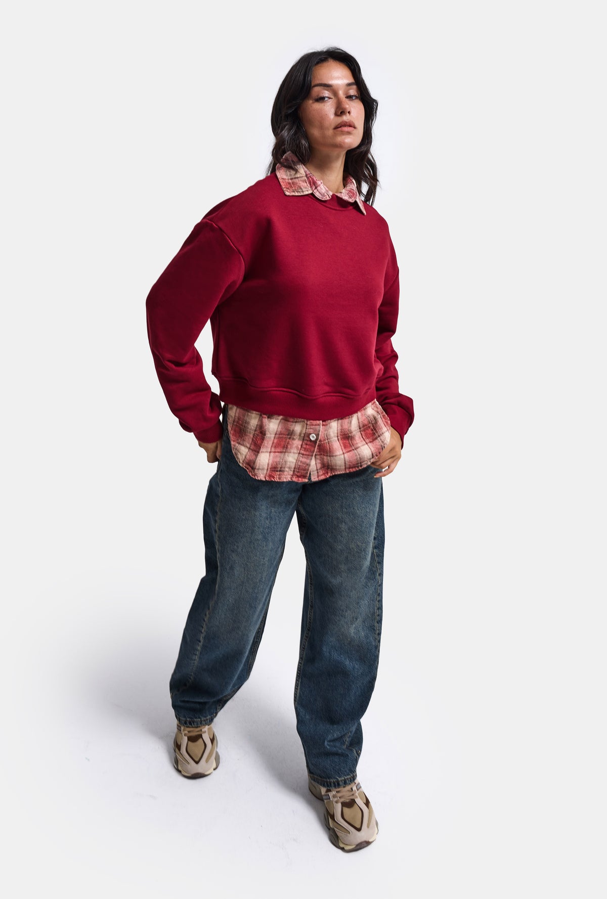 Kadın Bordo w6-35 Oversize Ekose Gömlek Detaylı Tasarım Sweatshirt