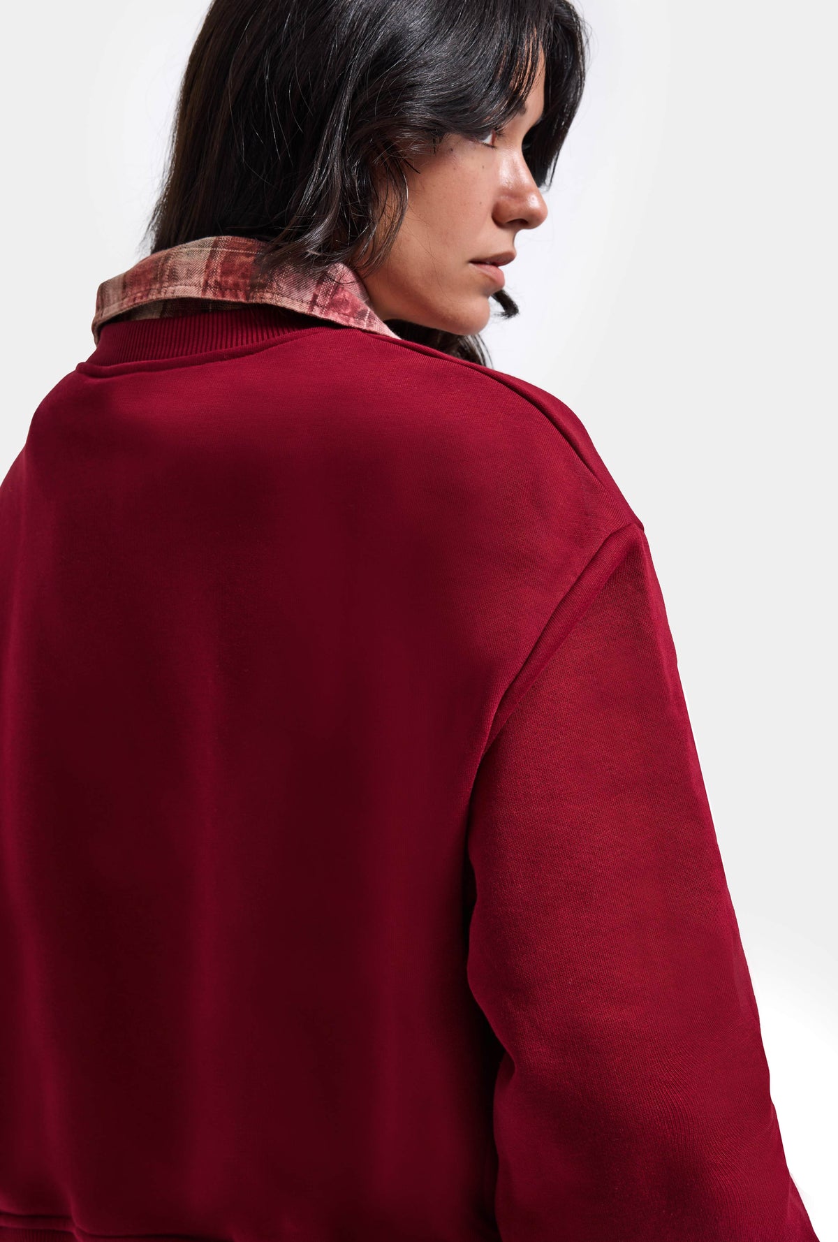 Kadın Bordo w6-35 Oversize Ekose Gömlek Detaylı Tasarım Sweatshirt