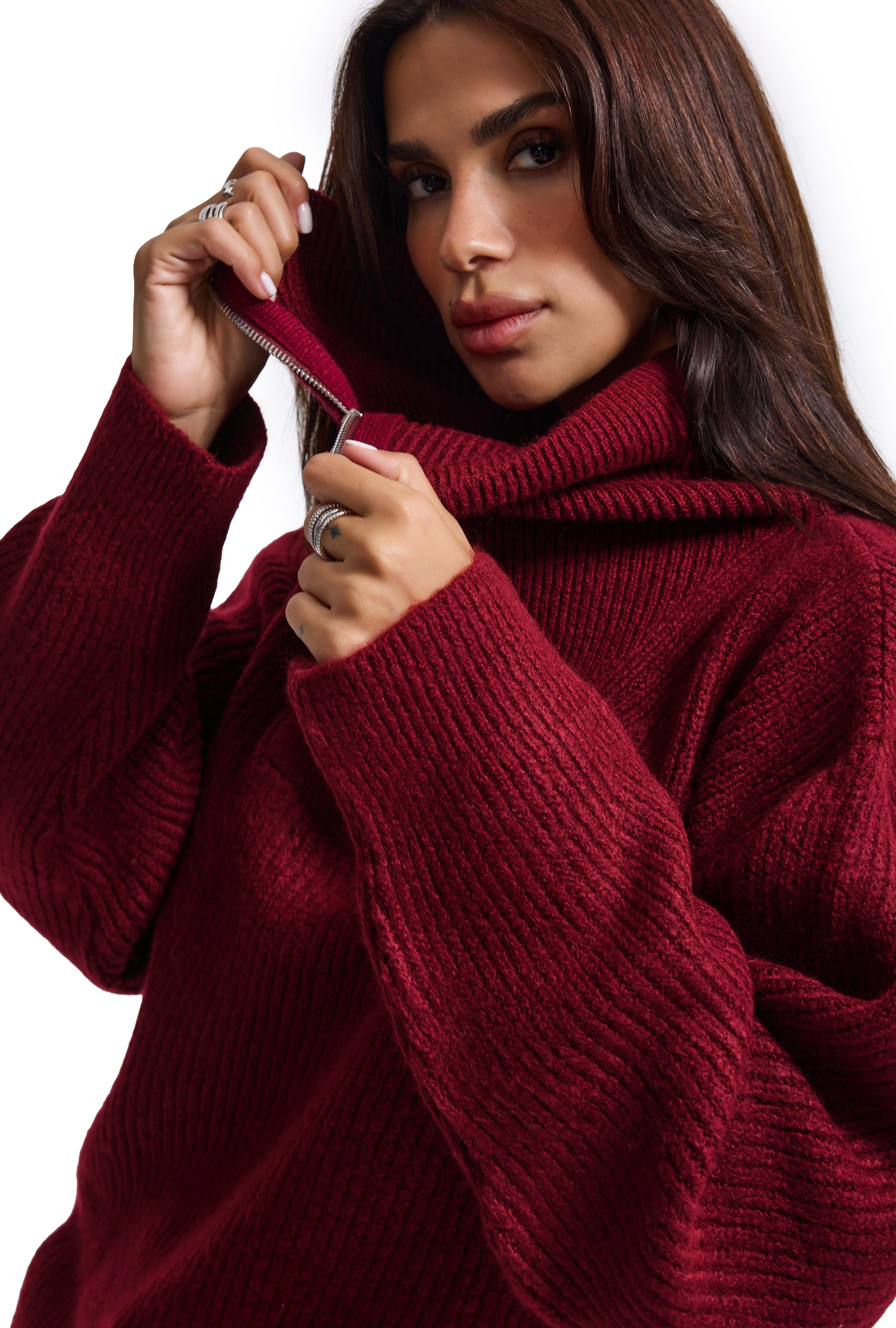 Kadın Bordo w6-35 Oversize Fermuarlı Triko Kazak