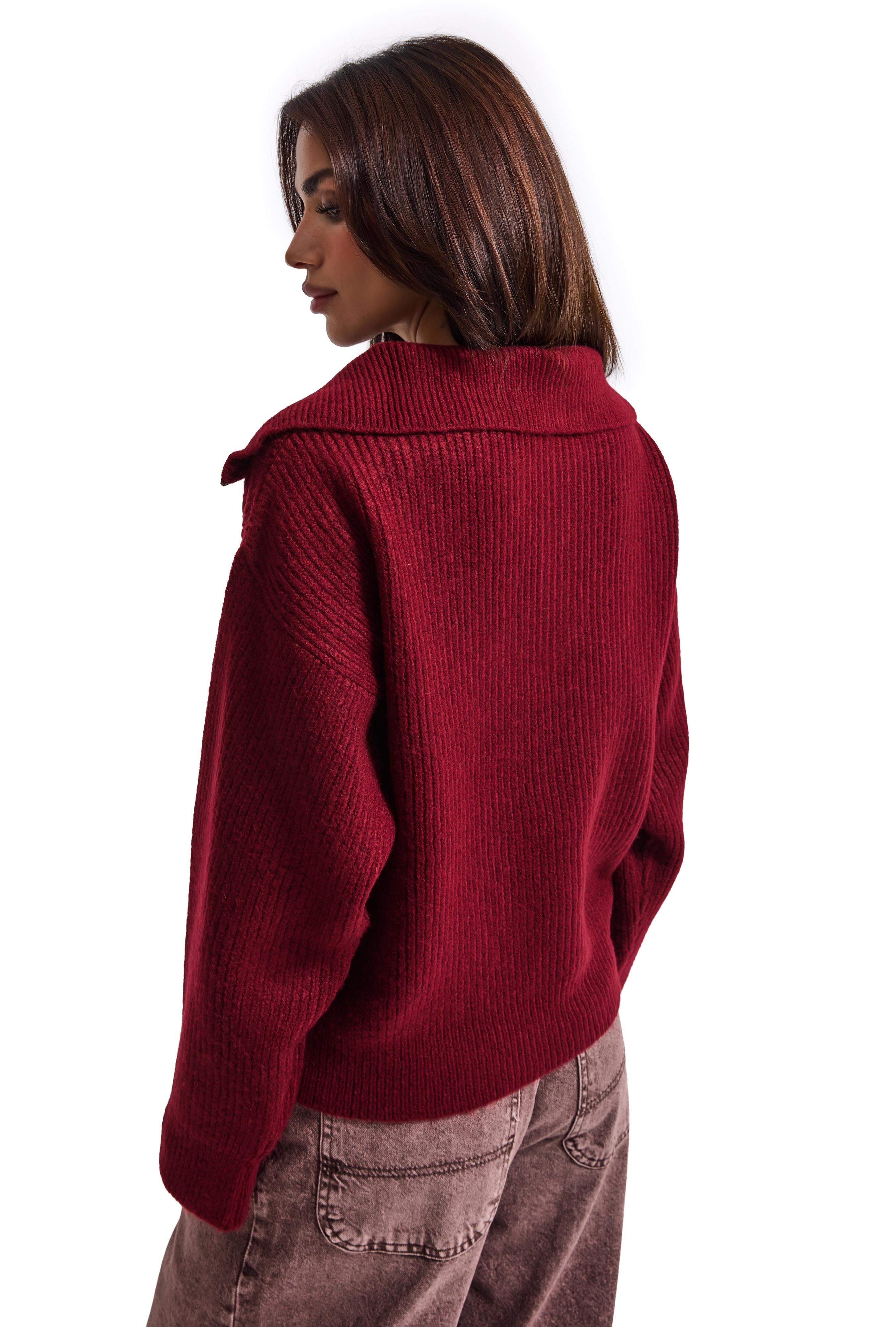 Kadın Bordo w6-35 Oversize Fermuarlı Triko Kazak