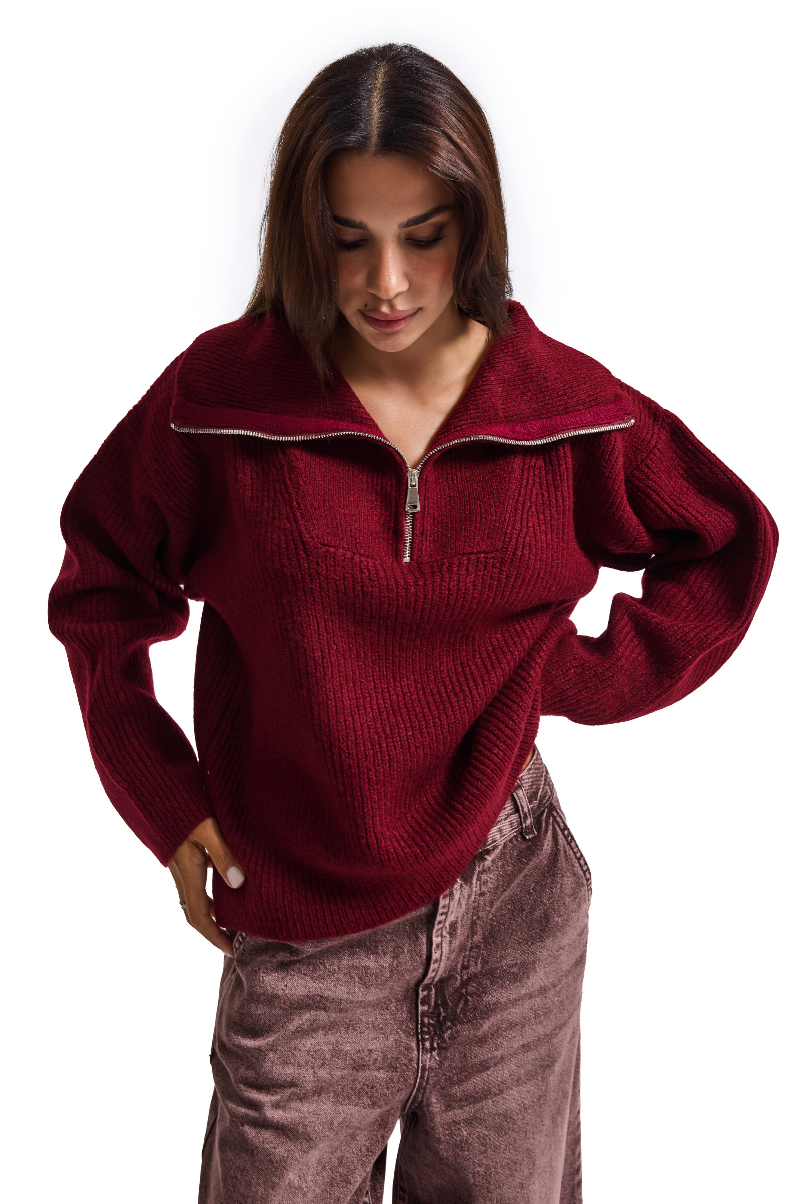 Kadın Bordo w6-35 Oversize Fermuarlı Triko Kazak