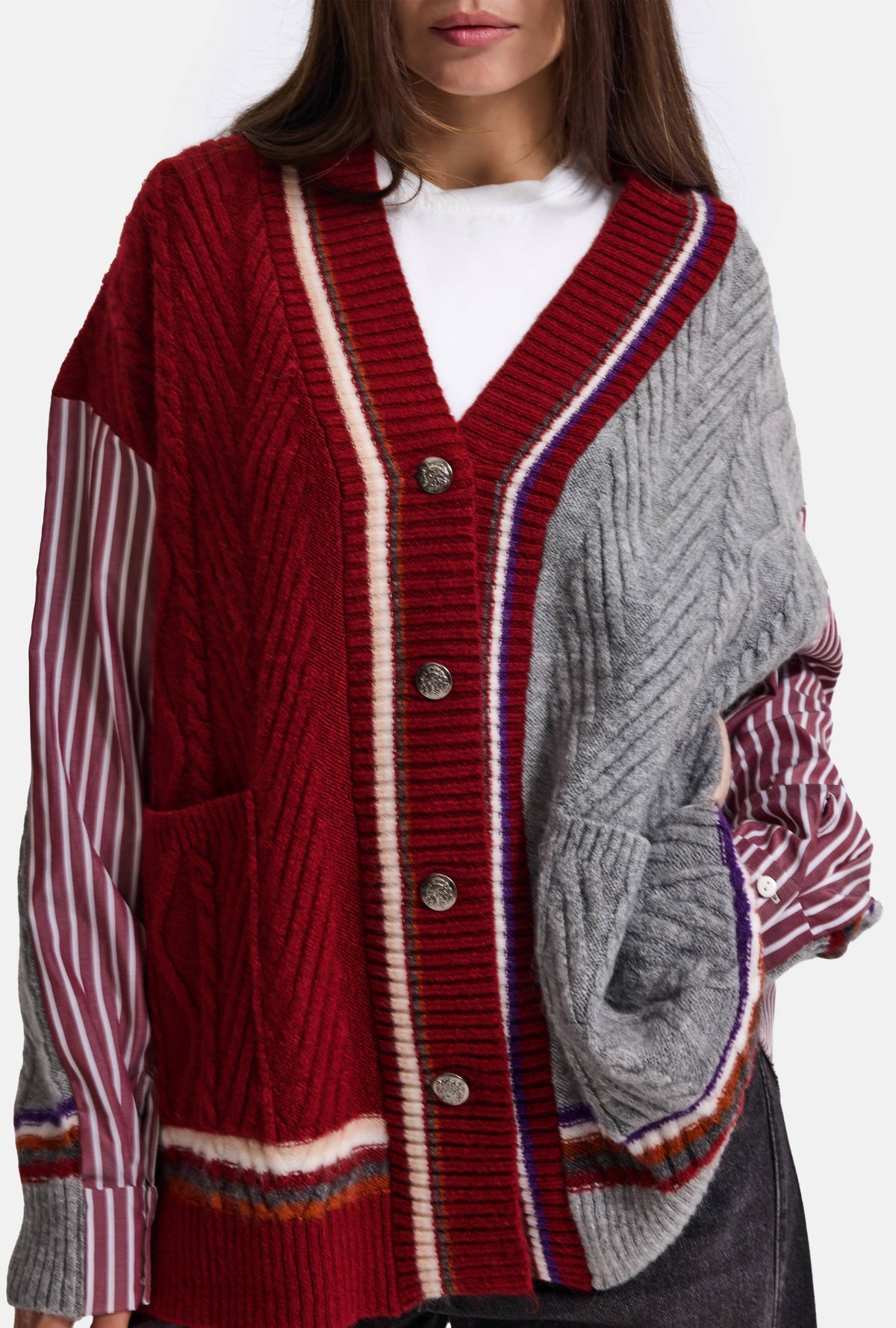 Kadın Bordo w6-35 Oversize Gömlek Kumaş Detaylı Özel Tasarım Triko Hırka