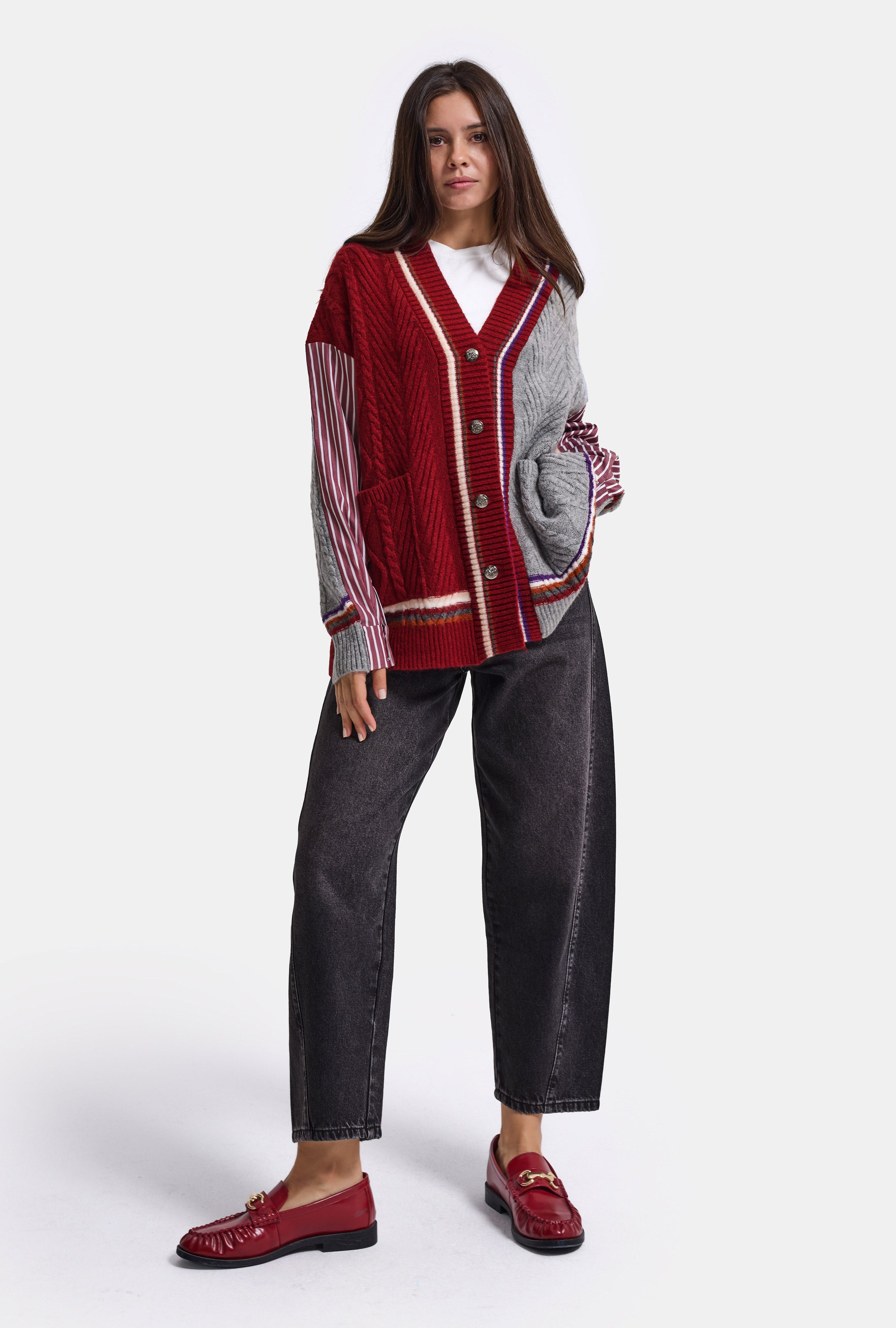 Kadın Bordo w6-35 Oversize Gömlek Kumaş Detaylı Özel Tasarım Triko Hırka