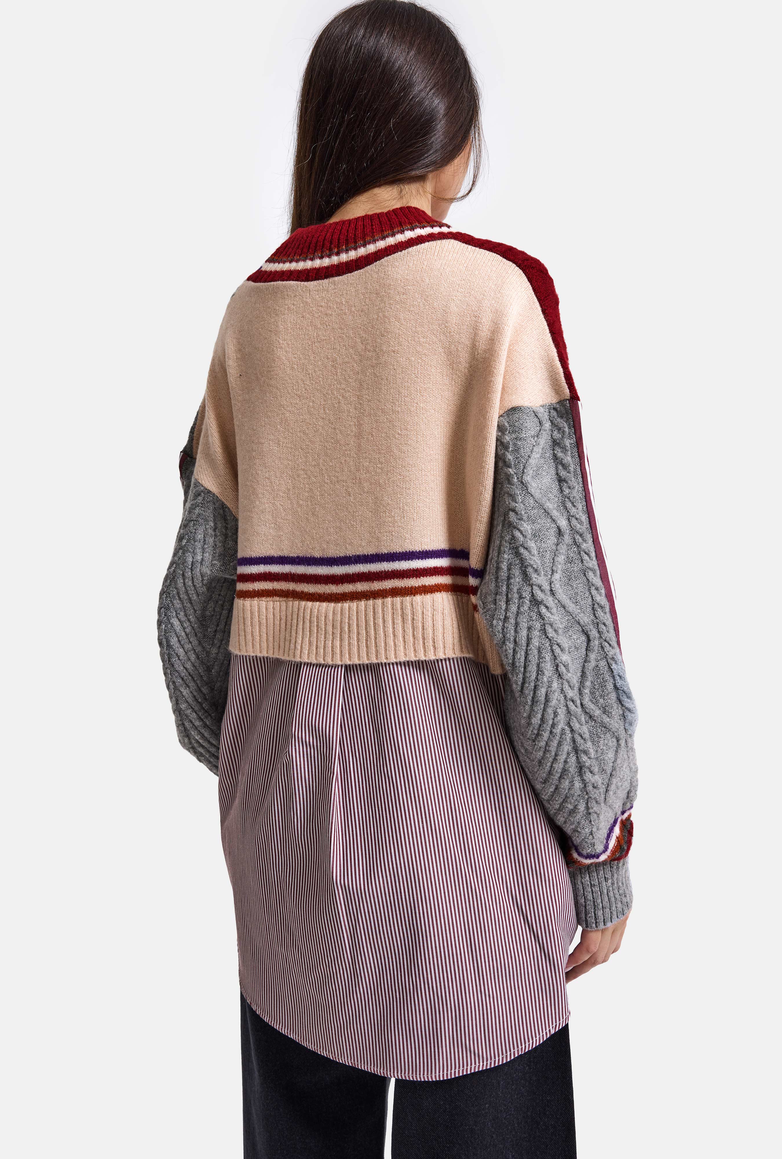 Kadın Bordo w6-35 Oversize Gömlek Kumaş Detaylı Özel Tasarım Triko Hırka