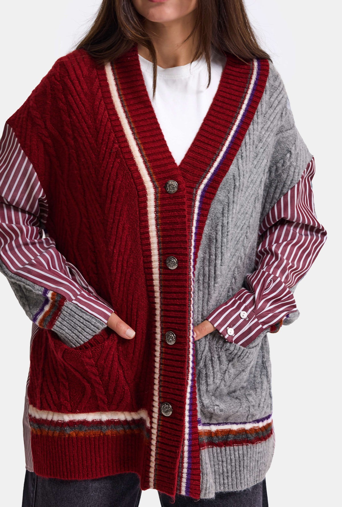 Kadın Bordo w6-35 Oversize Gömlek Kumaş Detaylı Özel Tasarım Triko Hırka