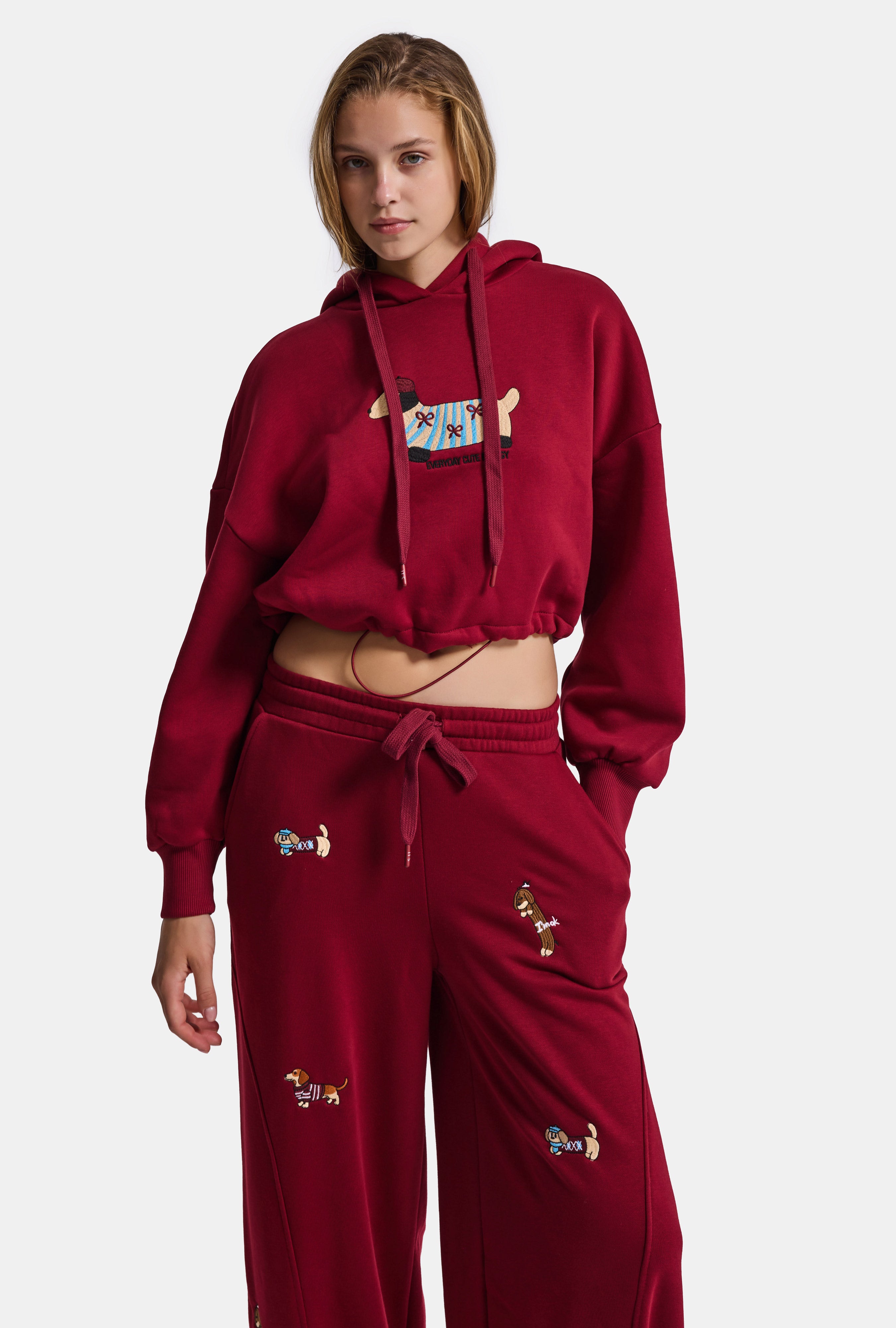 Kadın Bordo w6-35 Sweatshirt Eşofman Pantolon 2'li Nakış Figürlü Tasarım Takım