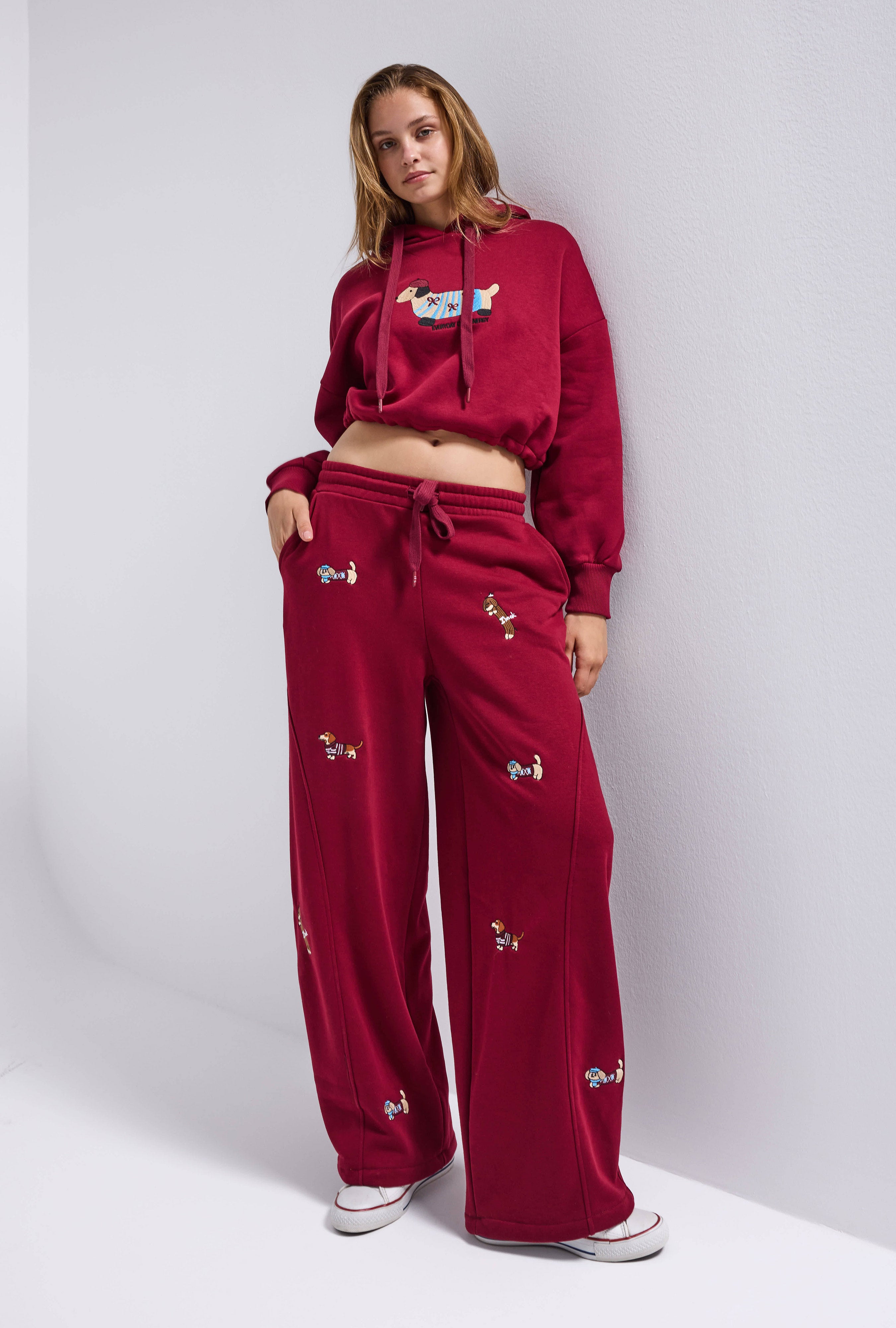 Kadın Bordo w6-35 Sweatshirt Eşofman Pantolon 2'li Nakış Figürlü Tasarım Takım
