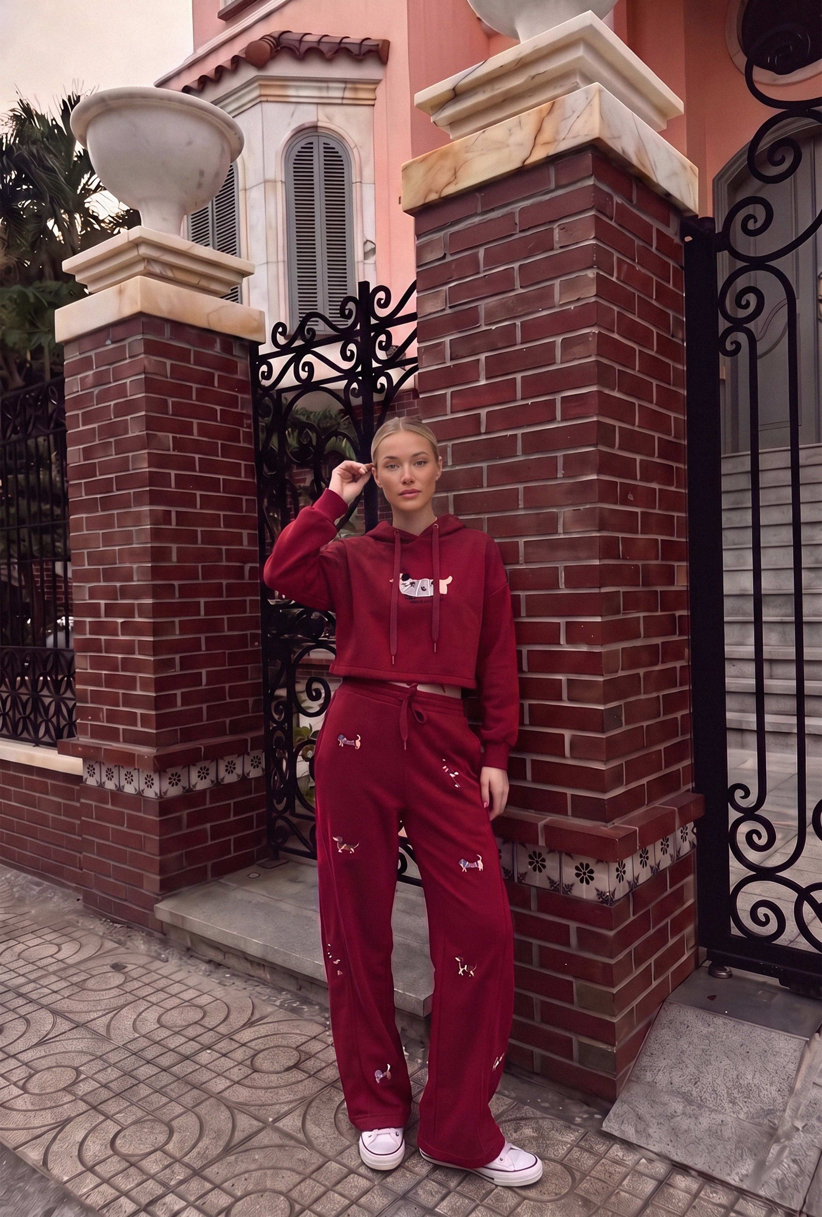 Kadın Bordo w6-35 Sweatshirt Eşofman Pantolon 2'li Nakış Figürlü Tasarım Takım