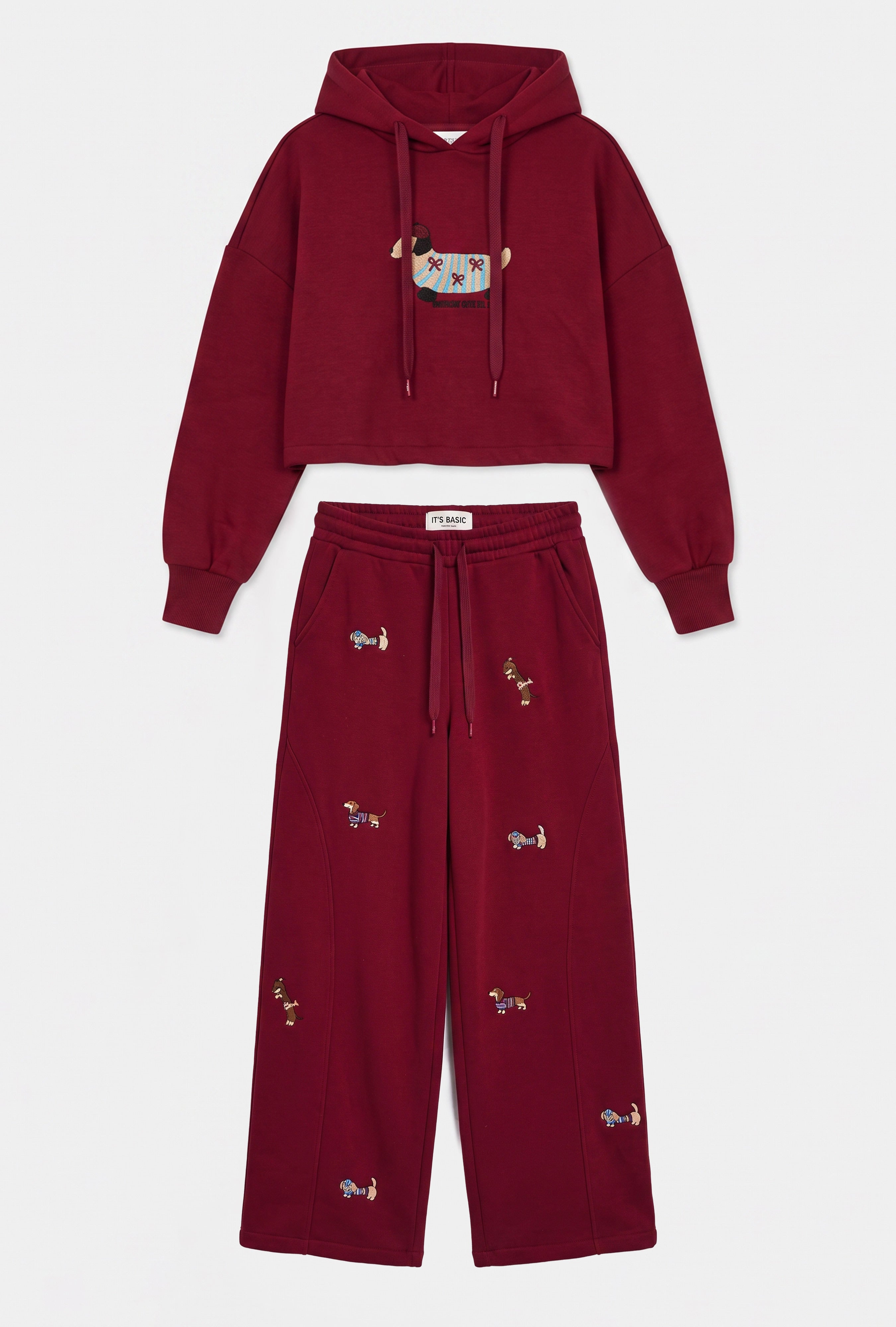 Kadın Bordo w6-35 Sweatshirt Eşofman Pantolon 2'li Nakış Figürlü Tasarım Takım