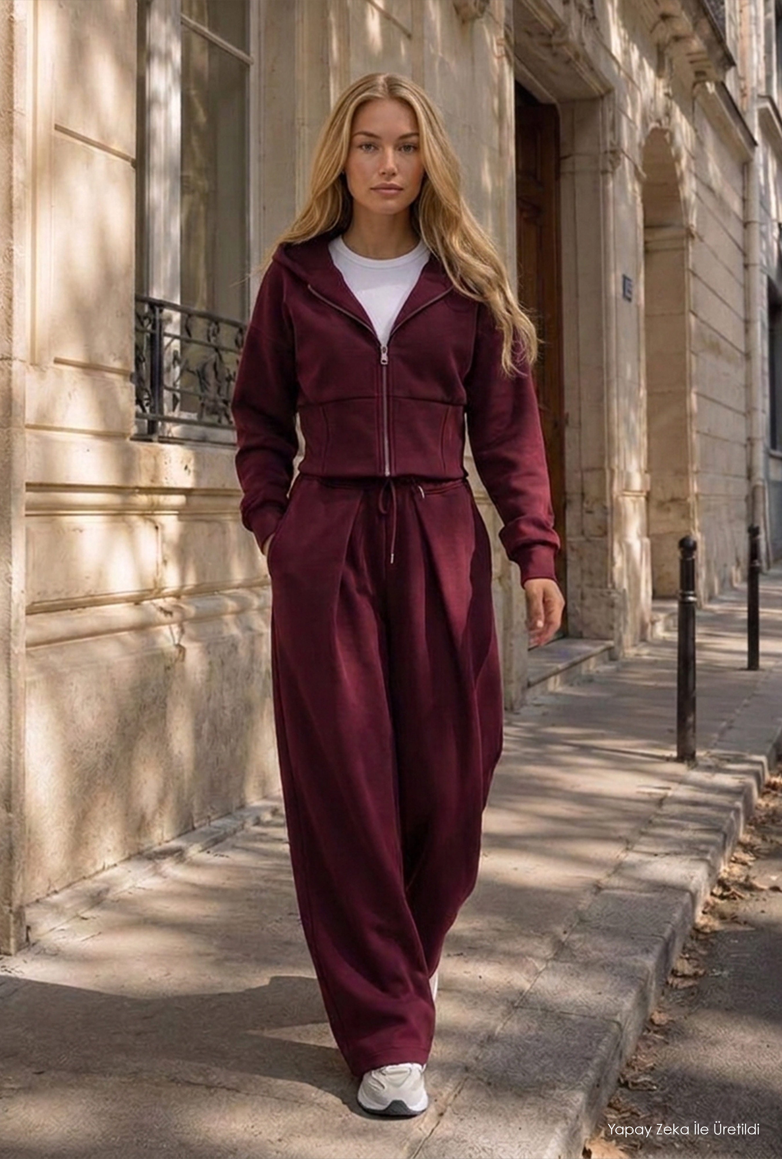 Kadın Bordo w6-35 Üst Polar Alt Eşofman Pantolon 2'li Takım