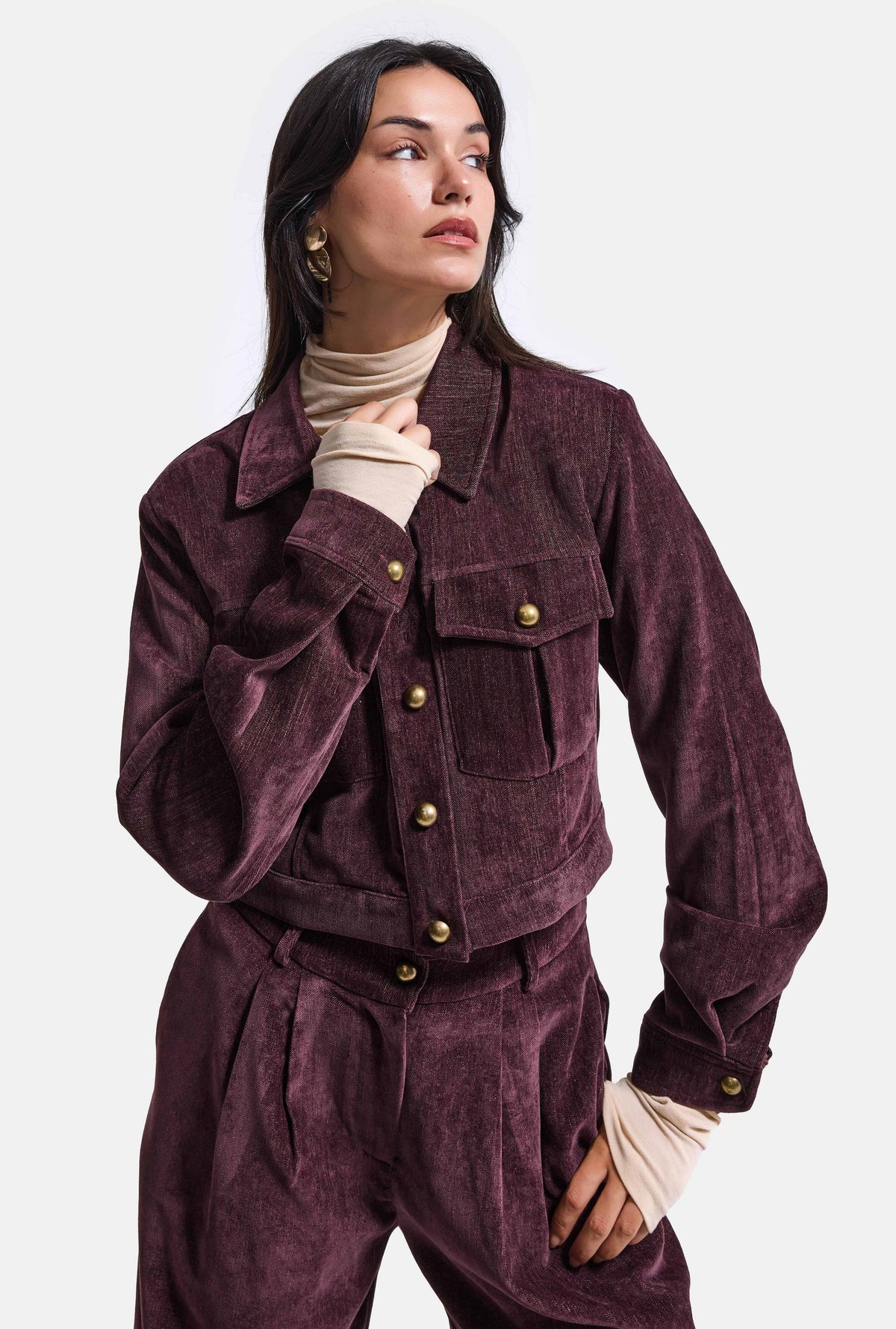 Kadın Bordo w6-52 Boxy Fit Pürüzsüz Velvet Kadife Kumaş Tasarım Ceket