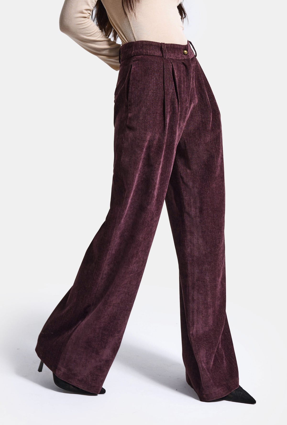 Kadın Bordo w6-52 Straight Crop Pürüzsüz Velvet Kadife Kumaş Pantolon