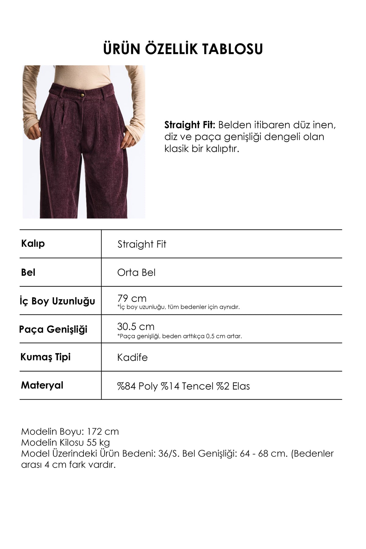 Kadın Bordo w6-52 Straight Crop Pürüzsüz Velvet Kadife Kumaş Pantolon