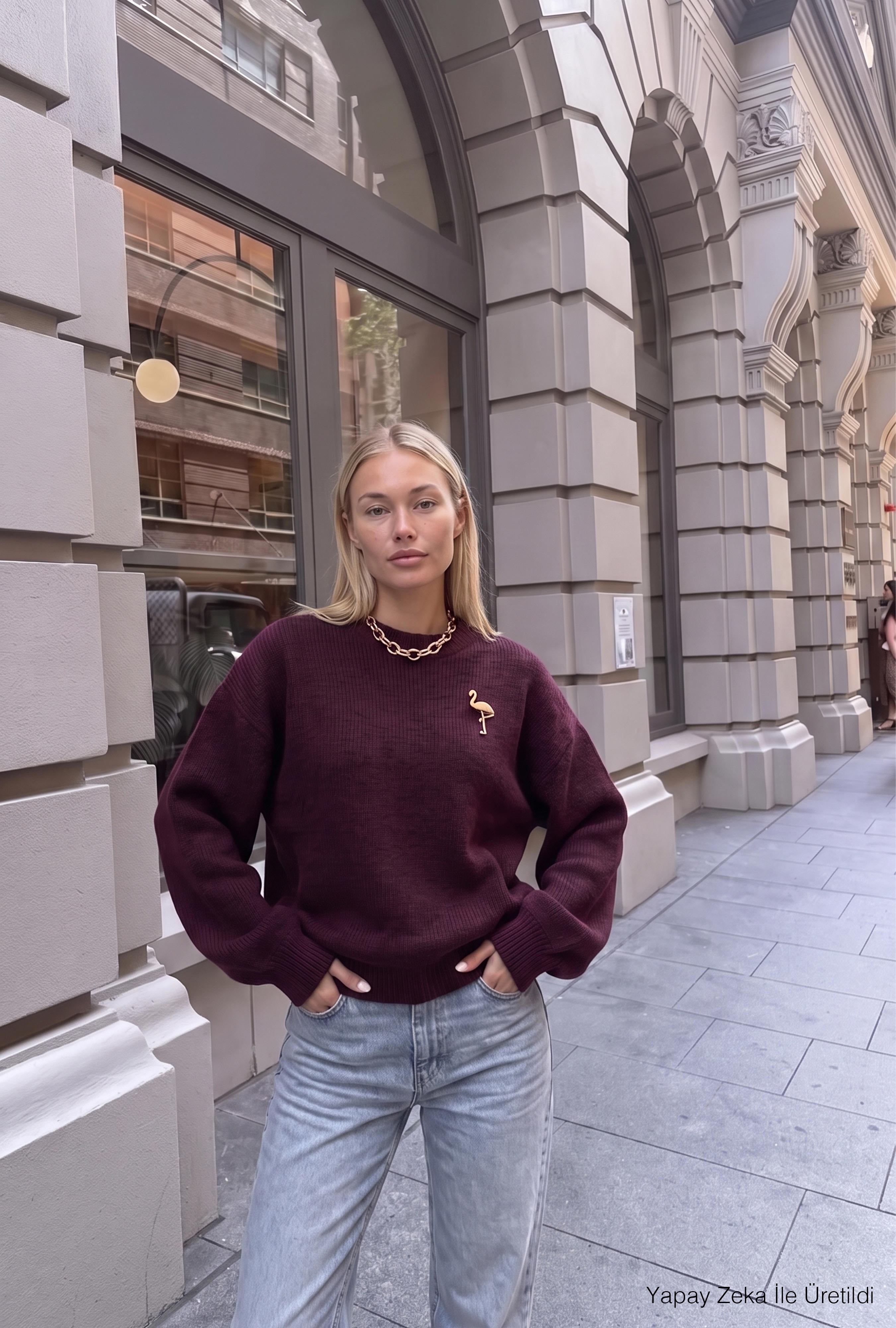 Kadın Bordo w6-57 Oversize Aksesuar Detaylı Tasarım Triko Kazak