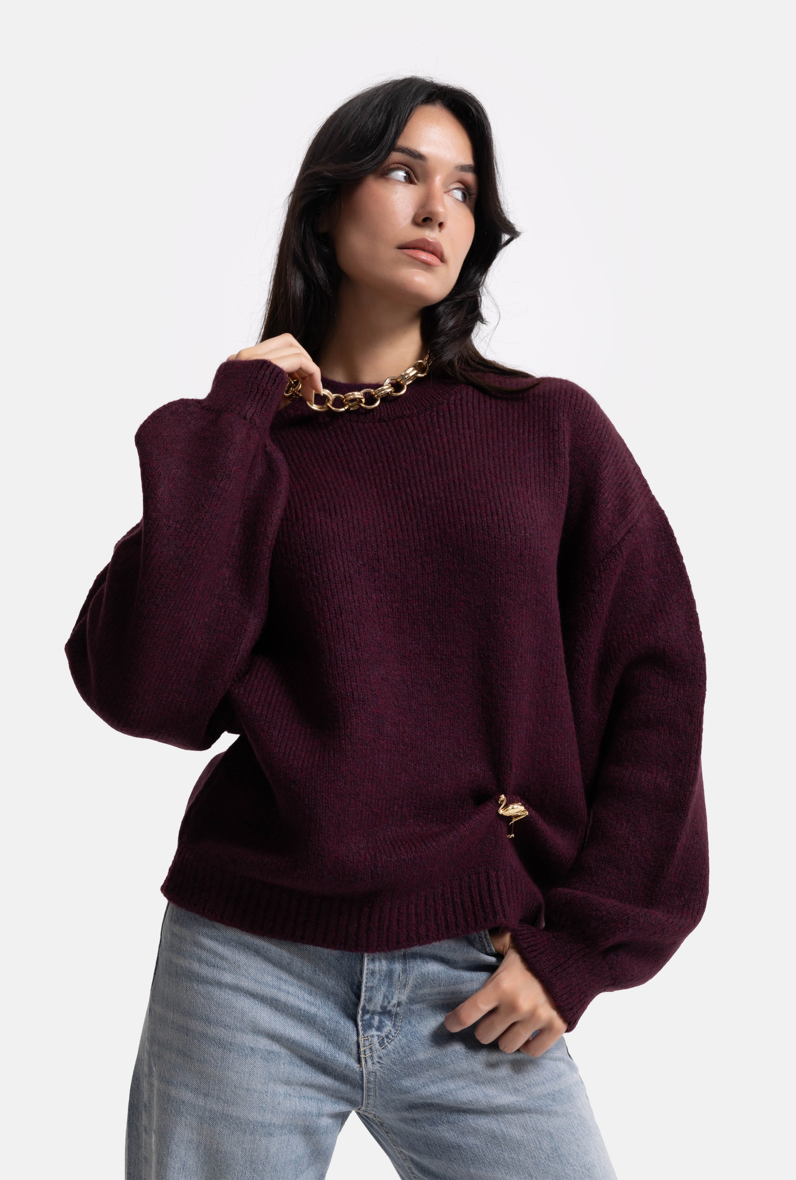 Kadın Bordo w6-57 Oversize Aksesuar Detaylı Tasarım Triko Kazak