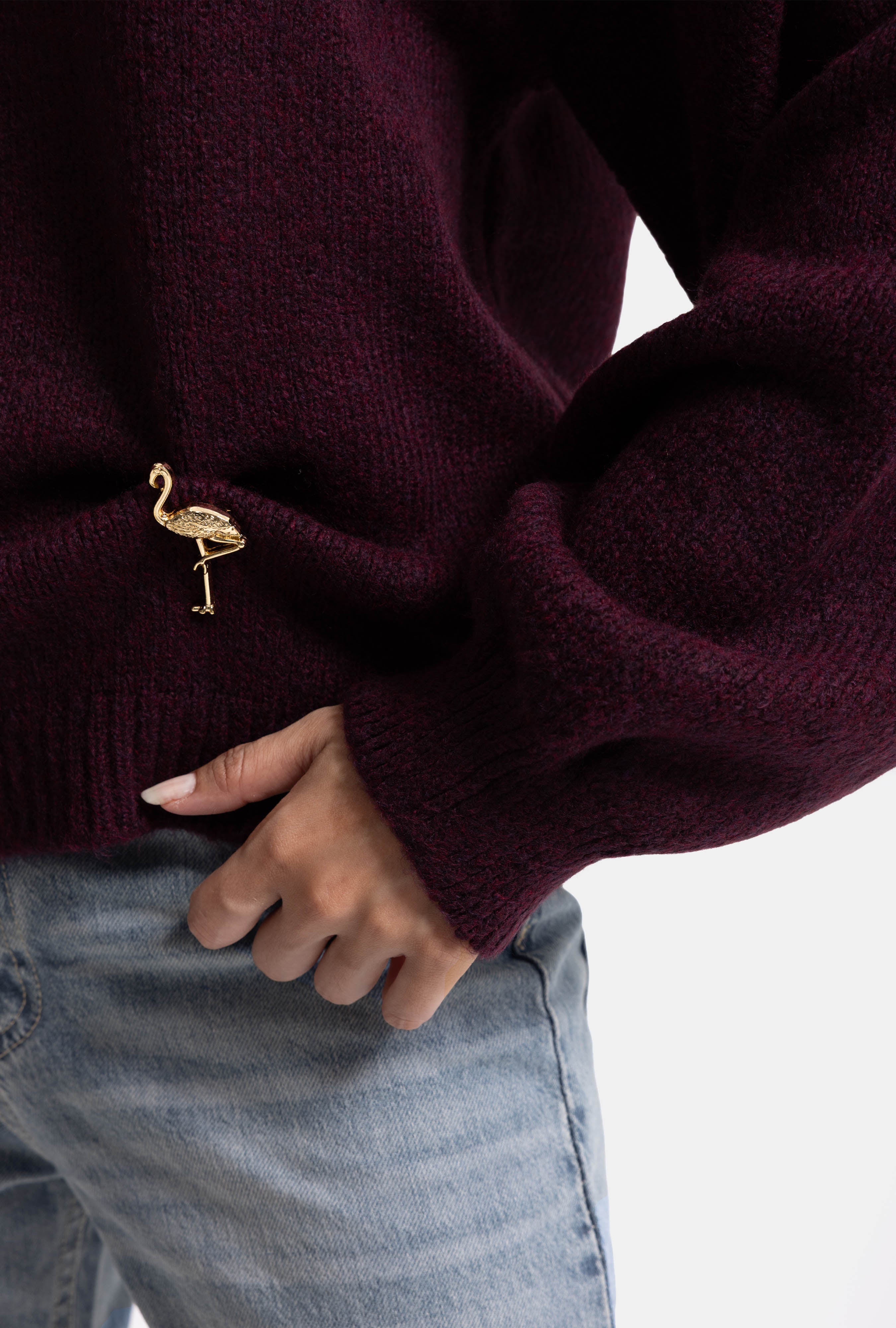 Kadın Bordo w6-57 Oversize Aksesuar Detaylı Tasarım Triko Kazak