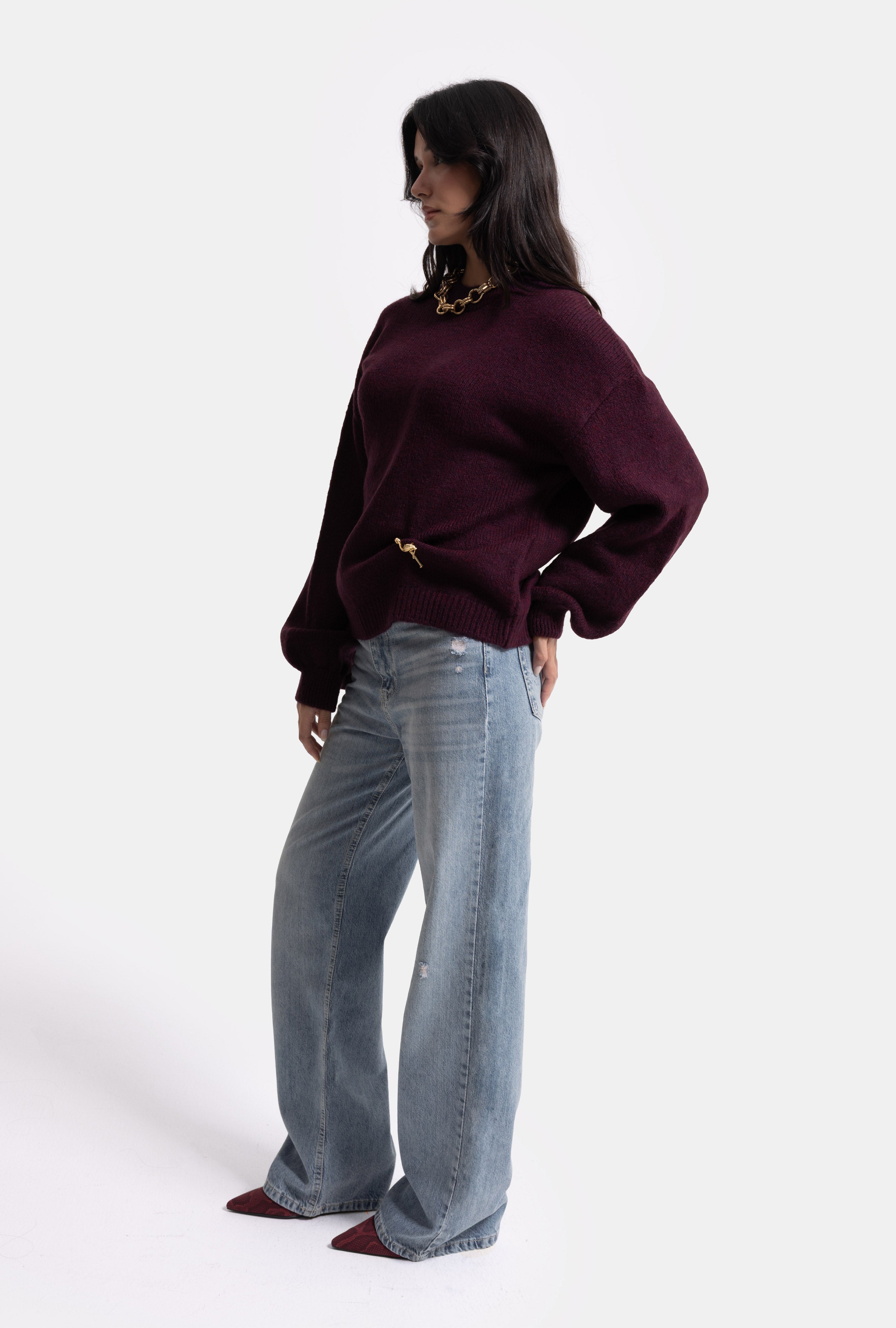 Kadın Bordo w6-57 Oversize Aksesuar Detaylı Tasarım Triko Kazak