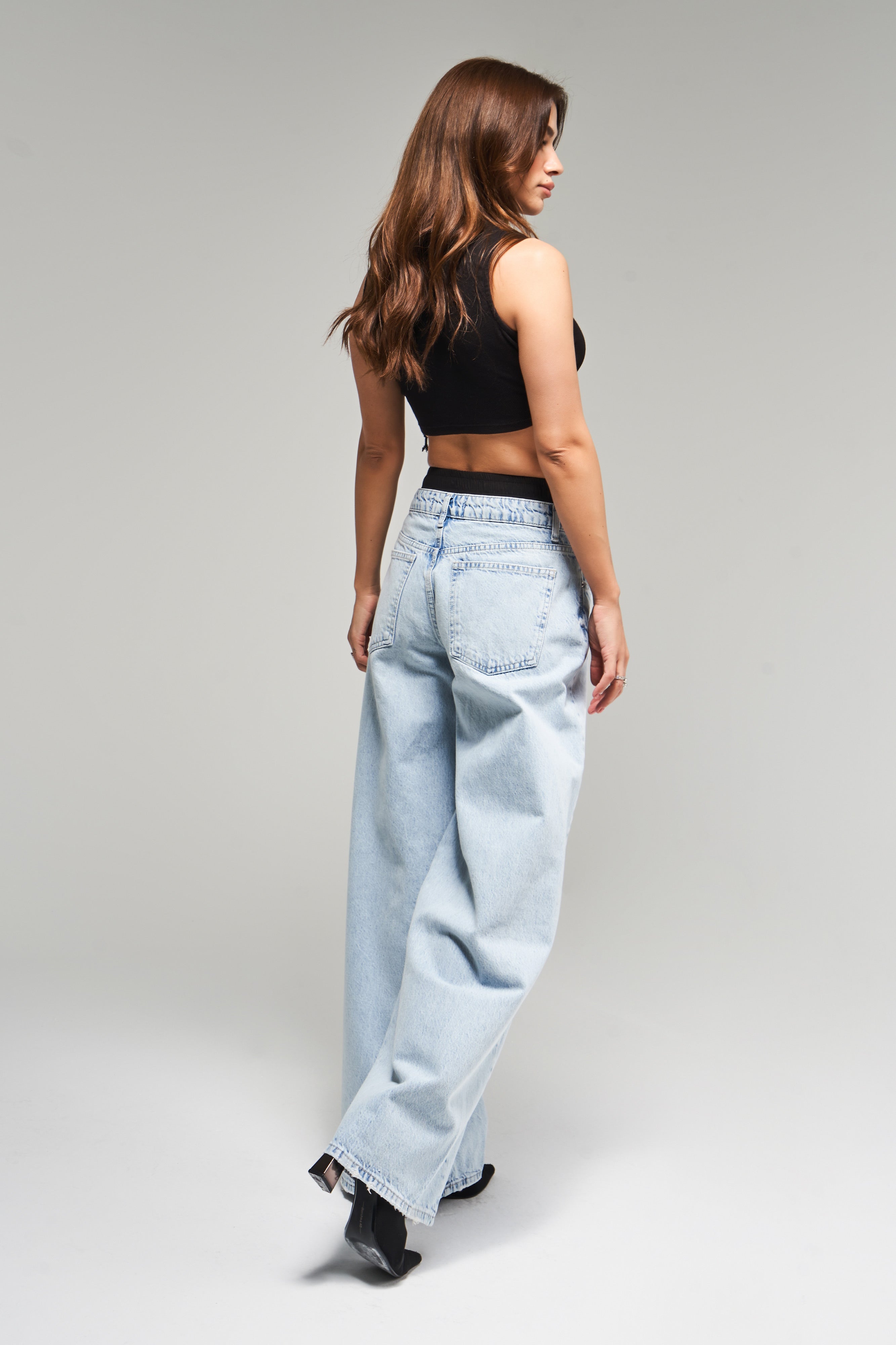 Women's Ice Jeans Color 4S5-3 Black Boxer Detailed Palazzo Fit Loose Cut 100% Cotton Denim Jean