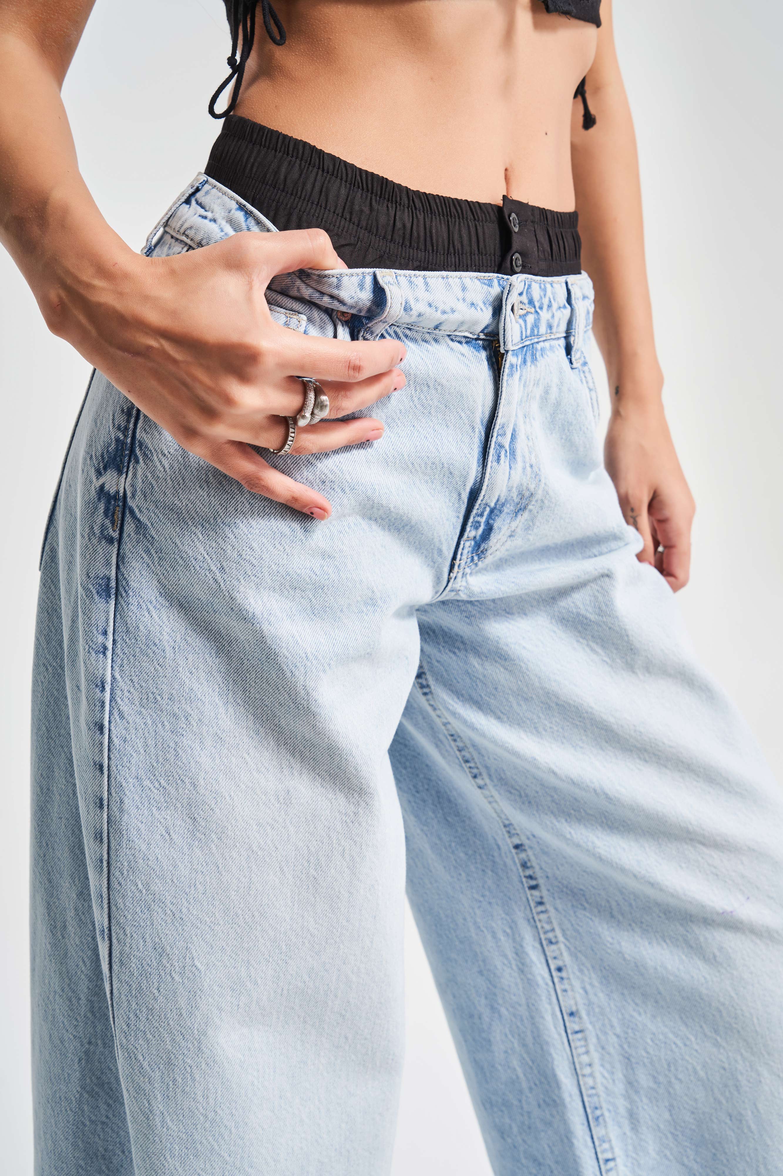 Women's Ice Jeans Color 4S5-3 Black Boxer Detailed Palazzo Fit Loose Cut 100% Cotton Denim Jean
