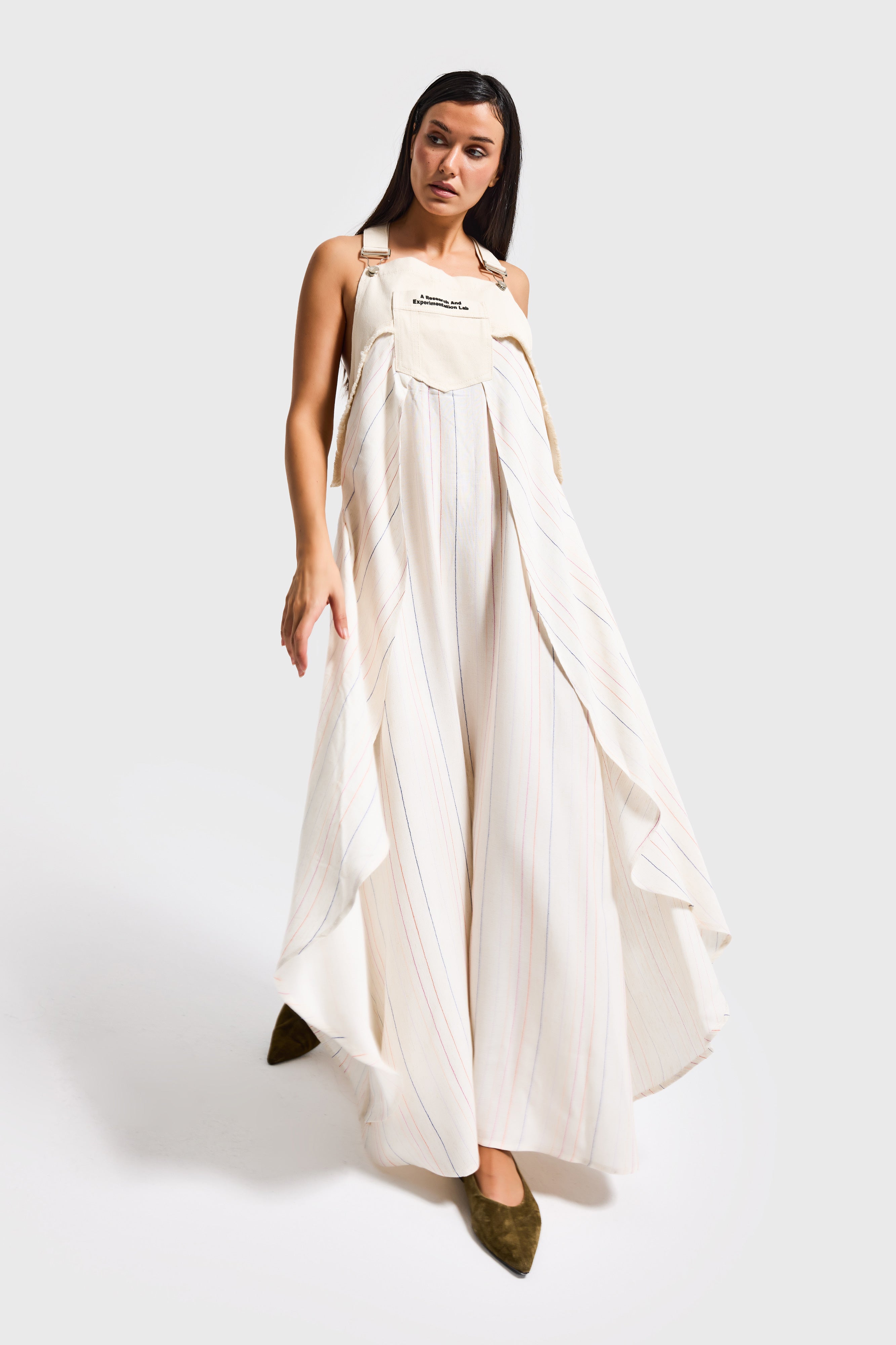 Kadın Çizgili Ekru Bol Kesim Askılı Özel Tasarım Elbise Tulum