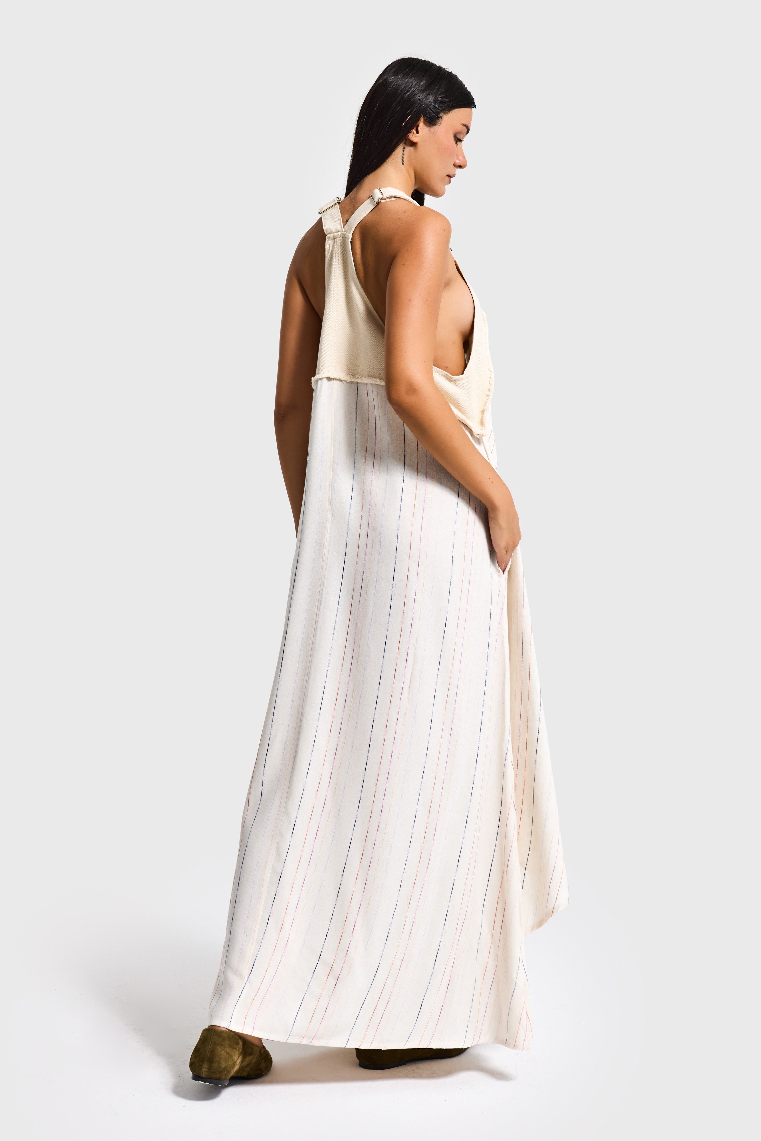 Kadın Çizgili Ekru Bol Kesim Askılı Özel Tasarım Elbise Tulum