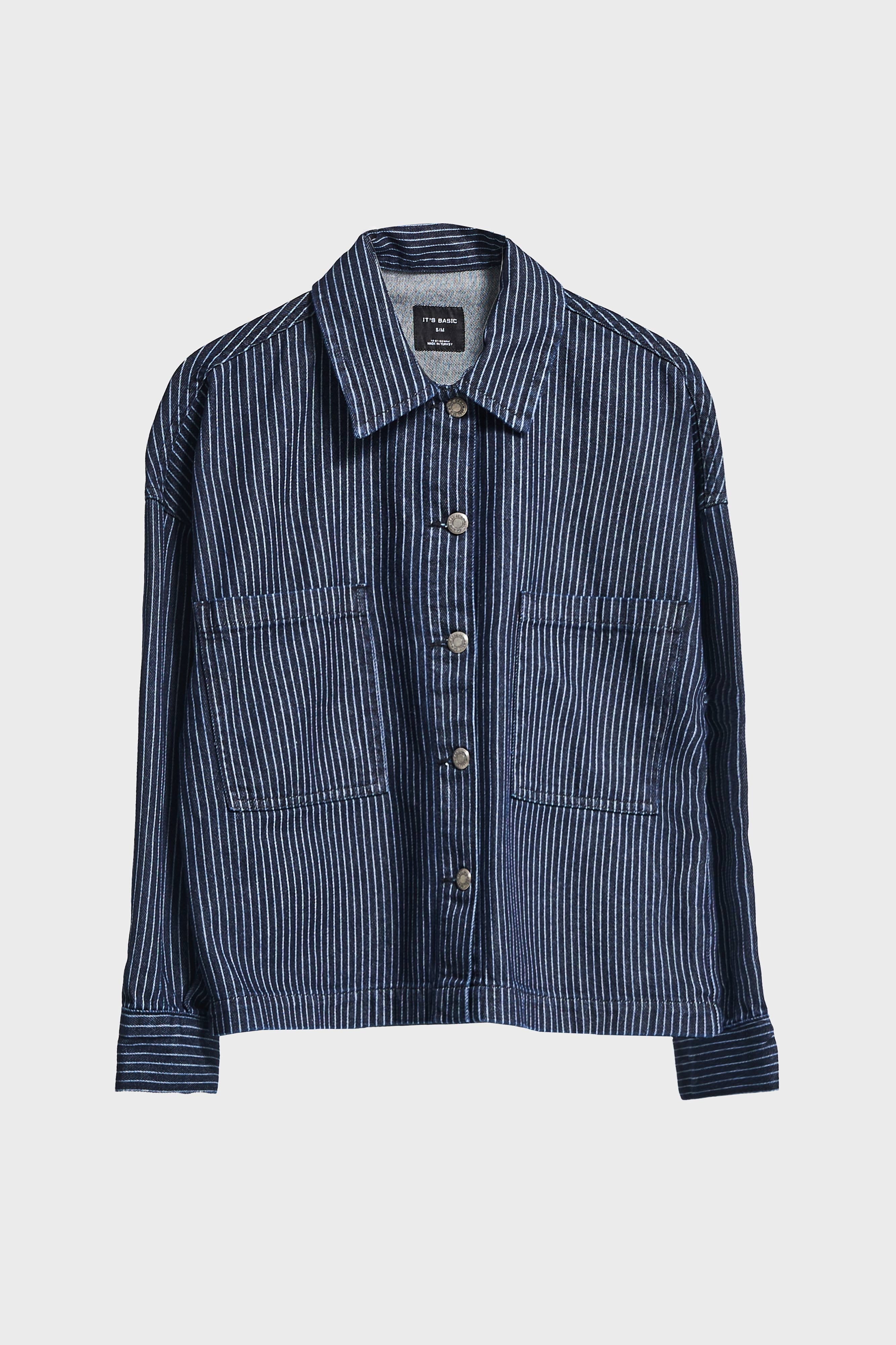 Kadın Çizgili Mavi Renk 19w5-33 Oversize Özel Kumaş Denim Gömlek