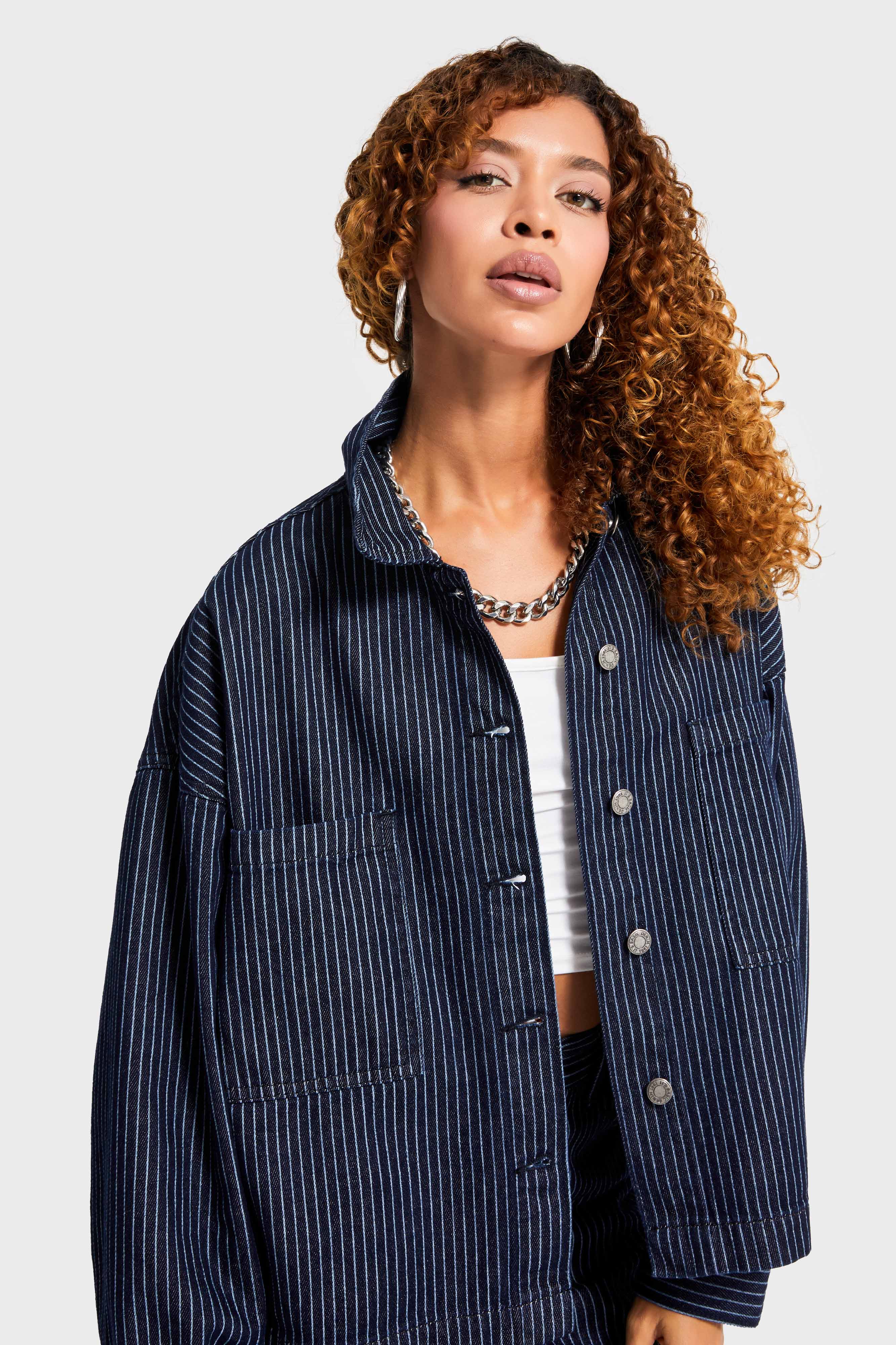 Kadın Çizgili Mavi Renk 19w5-33 Oversize Özel Kumaş Denim Gömlek