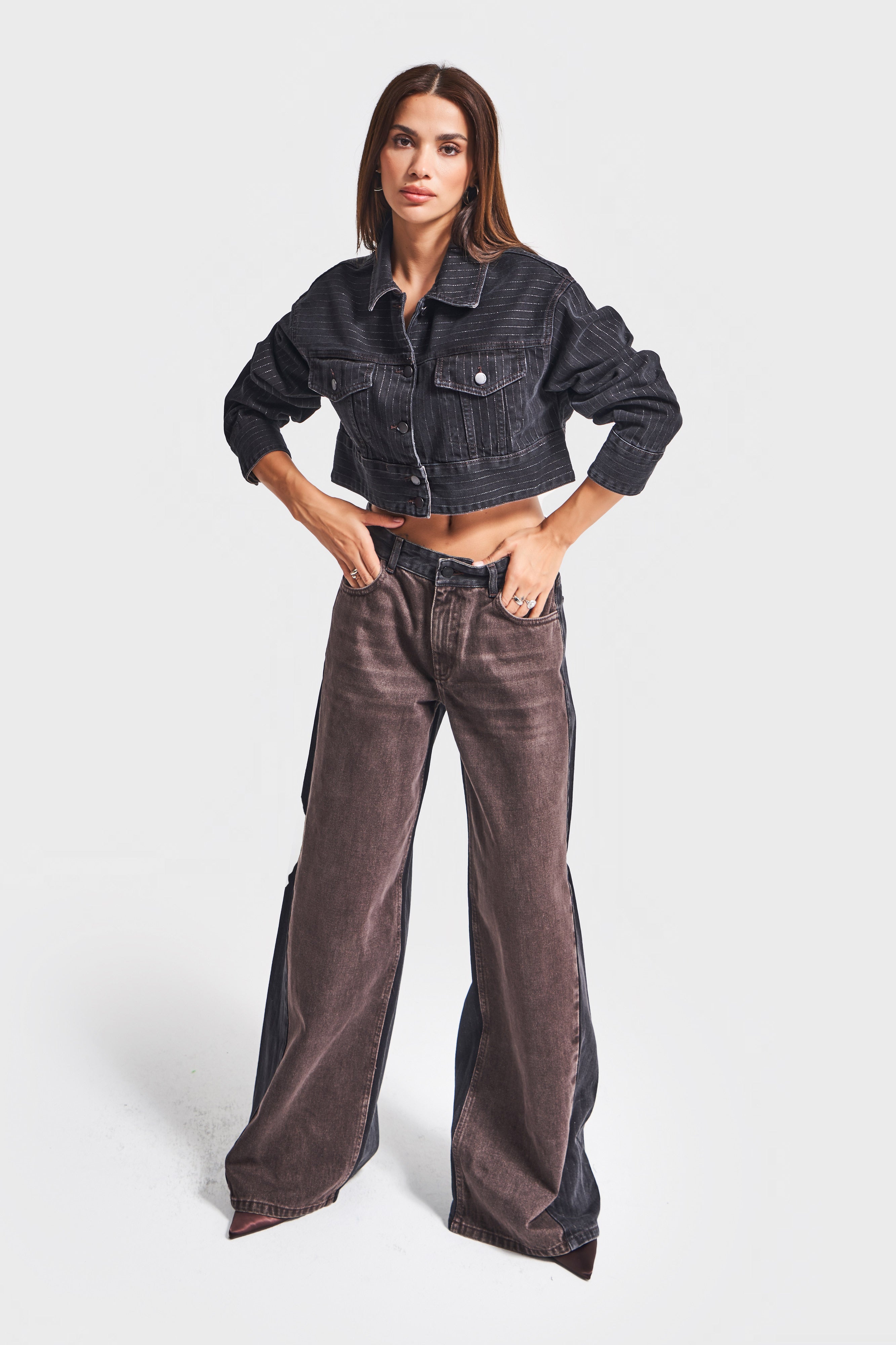 Kadın Çizgili Siyah Renk 1w5-1 Crop Fit Önü Düğmeli Komfort Denim Ceket