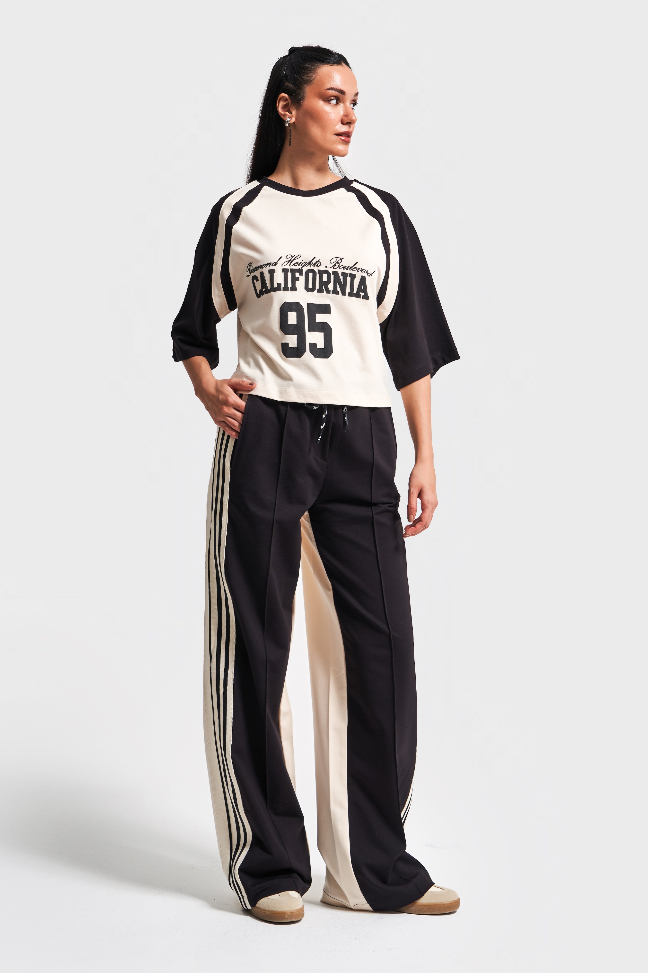 Dames Multi-Color S5-Cream Black gebreide stof trainingspak oversized T-shirt 2-delige combinatie