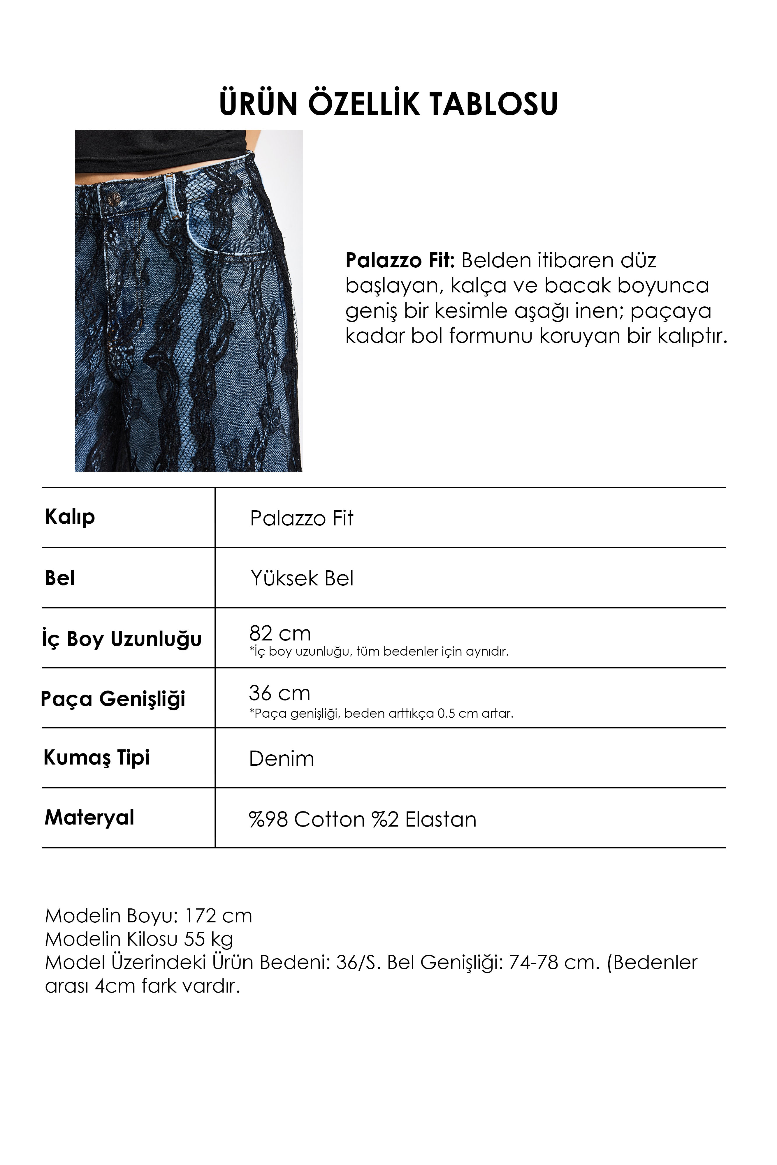 Kadın Dantel Kot Rengi Palazzo Fit Dantel Detaylı Özel Tasarım Denim Jean